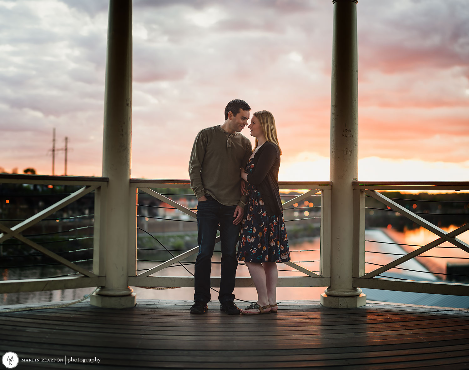 engagement photo couple at Fairmount Waterworks at sunset