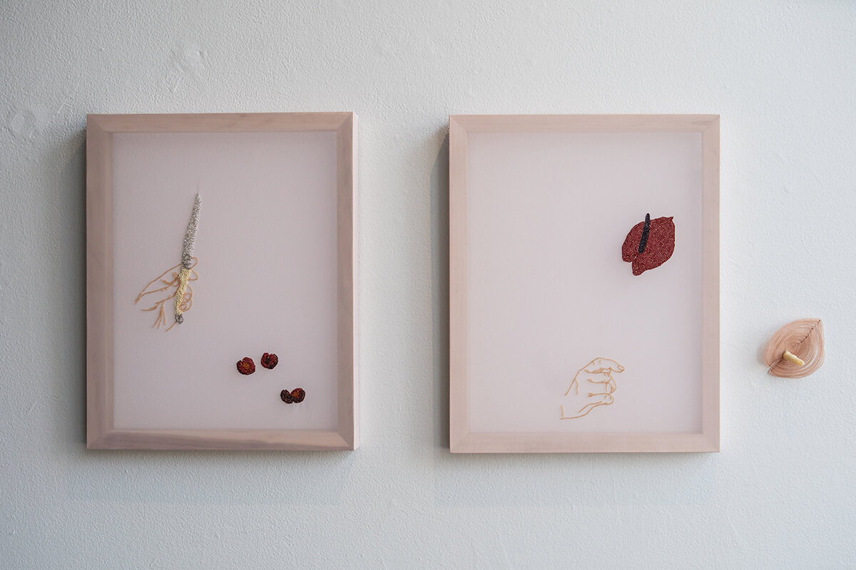 (L) Cherry-picked and cut, 2019, glass beads, thread, chiffon, 20 x 16 inches (R) In Memoriam, 2019, glass beads, thread, chiffon, wire, 20 x 16 inches.