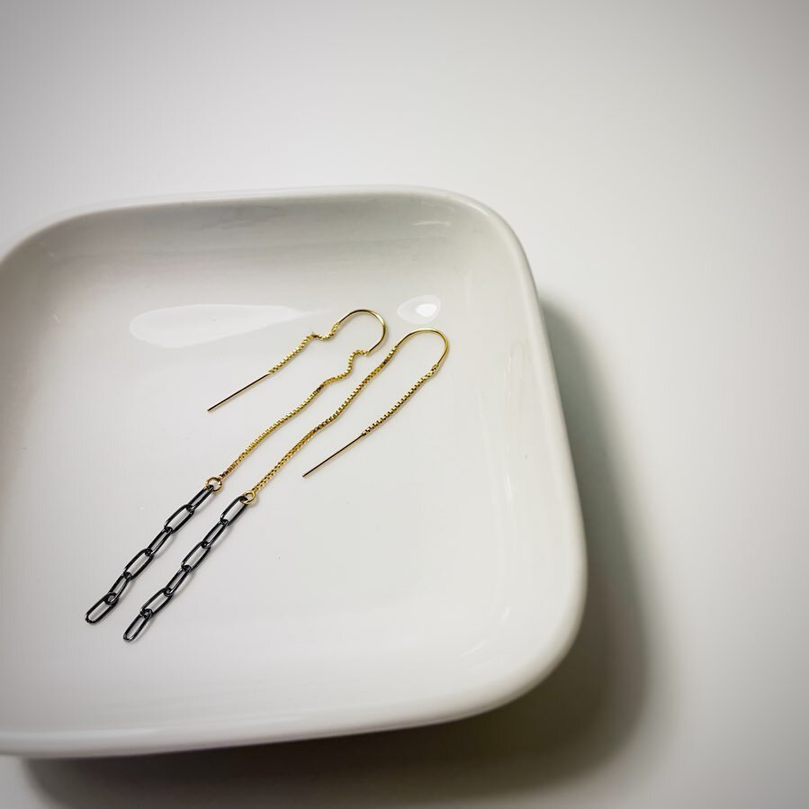 New New New! 14k gold fill threaders with blackened sterling silver chain. These are so light weight that I fell asleep with them because I forgot I was wearing earrings! Like a whole 8 hours! I don&rsquo;t have many 3&rdquo; long earrings that I can