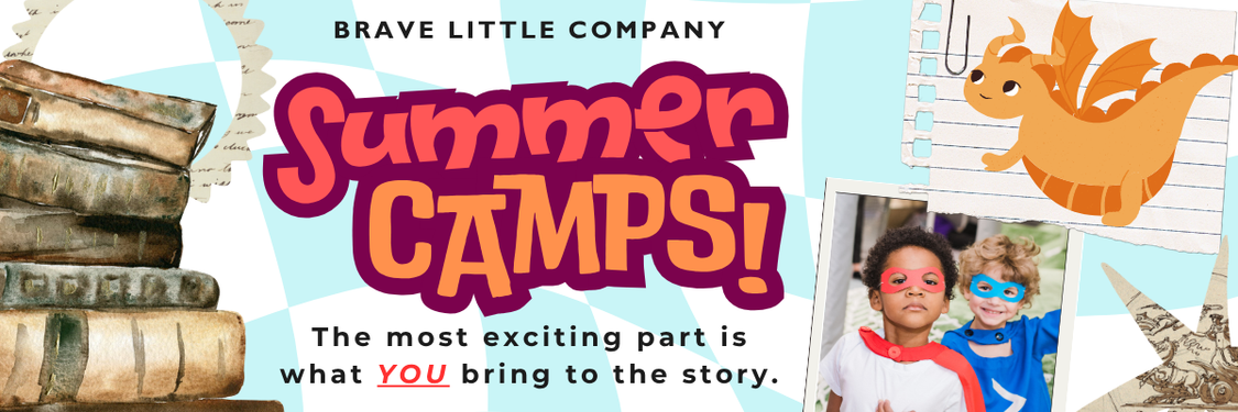 A collage of summer camp themes including old books, superheroes, and a dragon