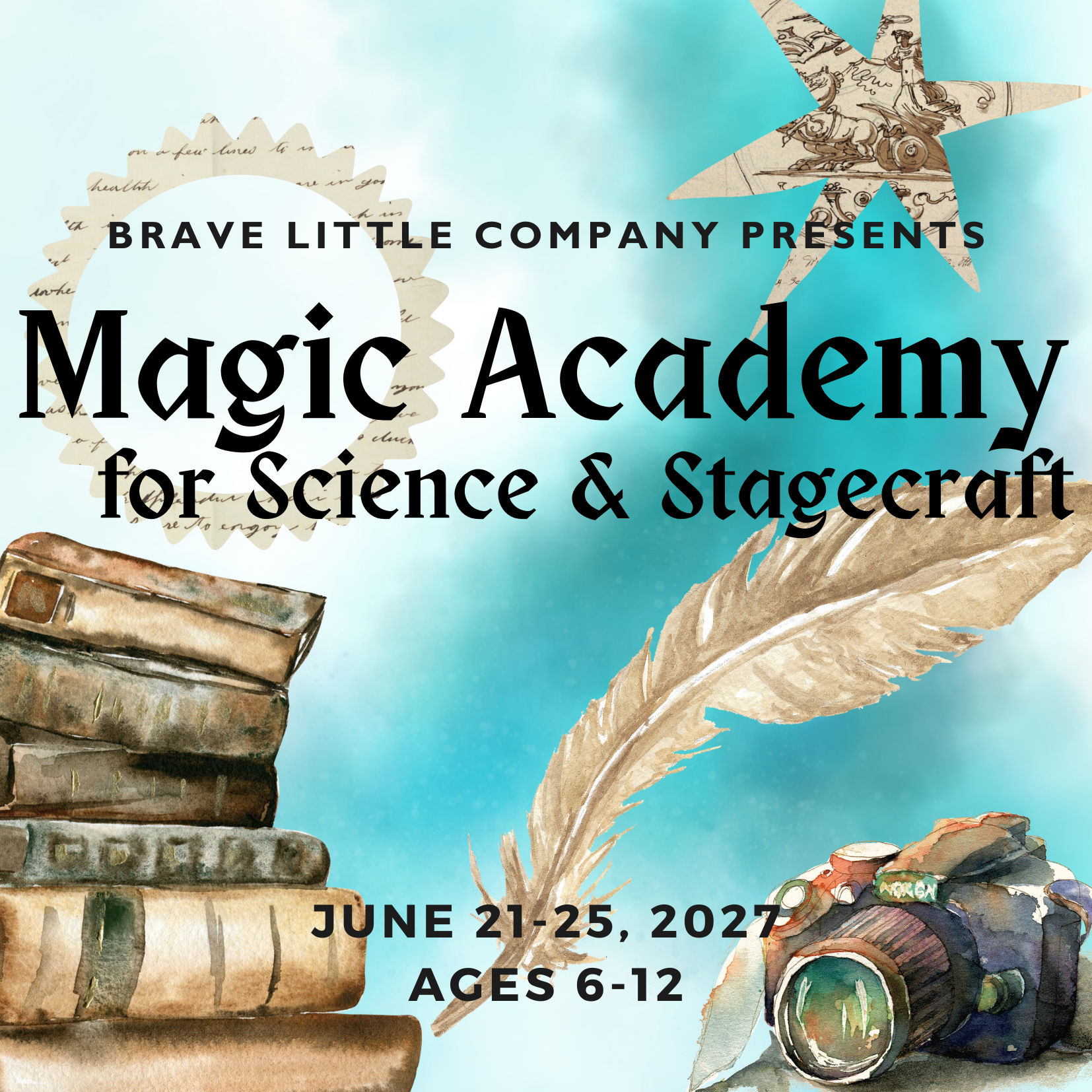 Magic academy graphic with watercolor books and tools