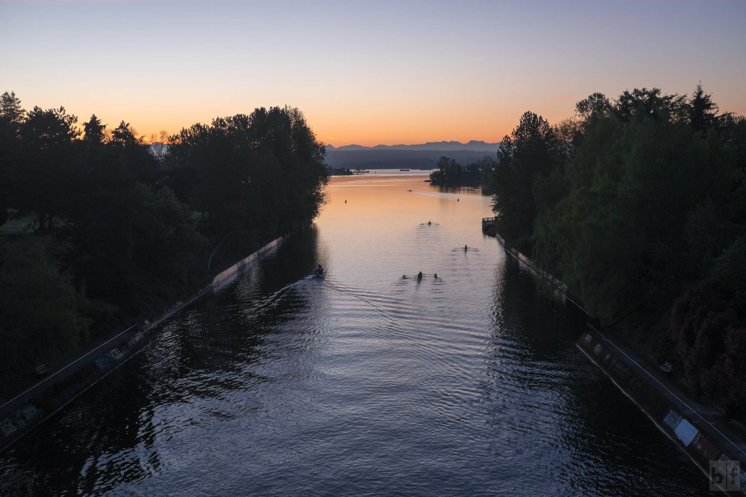 Montlake Cut in Seattle looking out towards Lake Washington and the Cascades