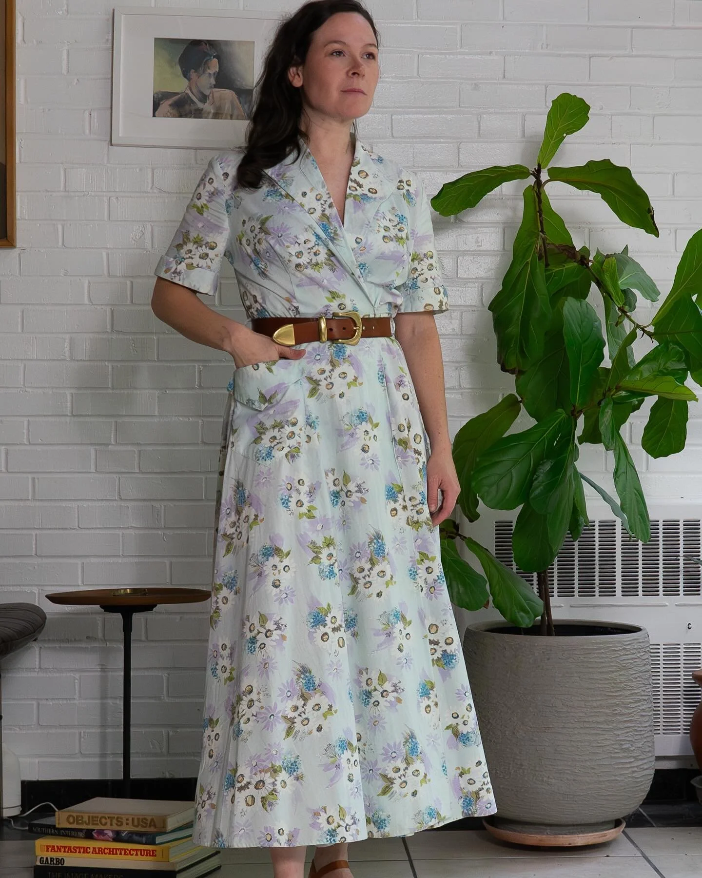 1940s floral-print wrap dressing gown&mdash;currently measures at a medium, but move the snaps out or in to get a larger or smaller fit. Original belt is missing, but at your waist accent of choice! (I think it looks pretty rad styled with a worn lea