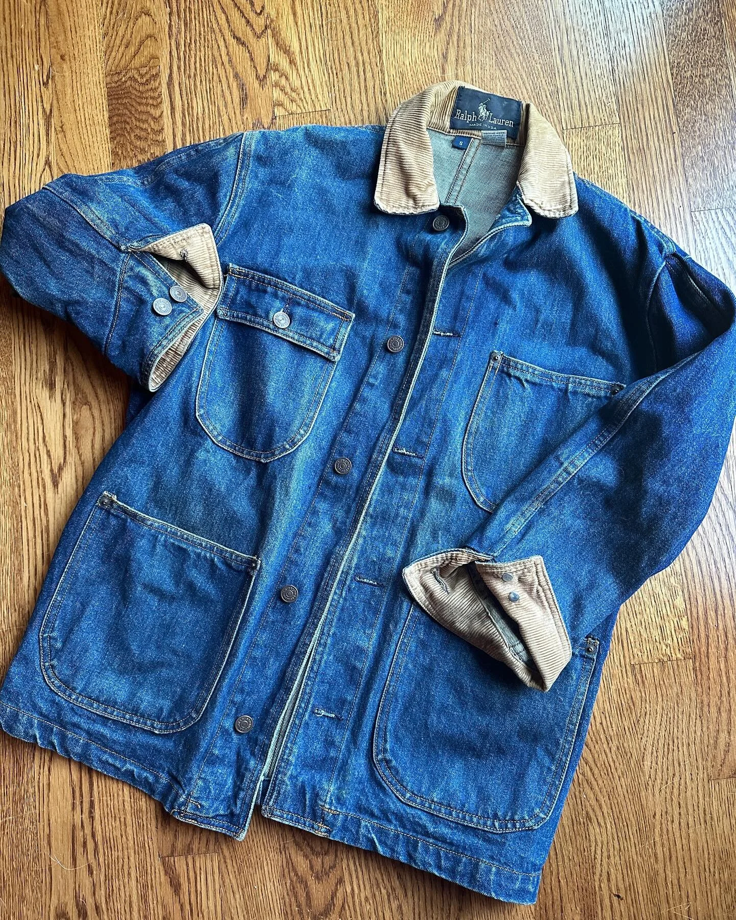 Always tried to wear denim jackets, but the traditional trucker cut never worked for me. Until now &mdash; this 1970s Ralph Lauren denim chore coat is perfectly worn in, and the tan cord accents are the icing on the whole thing. (NFS)