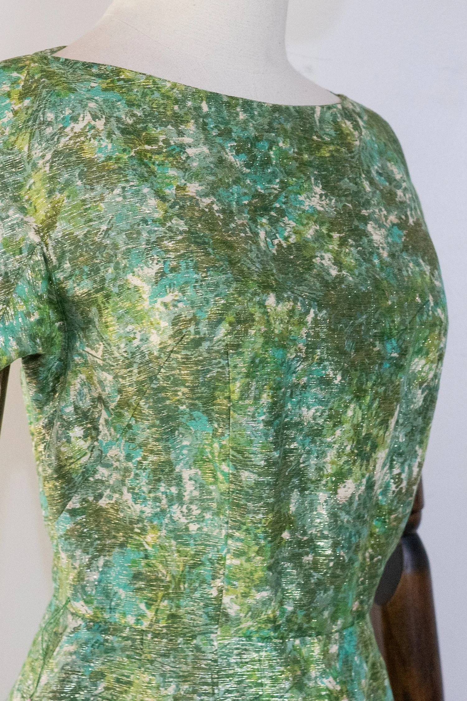 vintage 1960s green metallic brocade sheath dress  Inherited