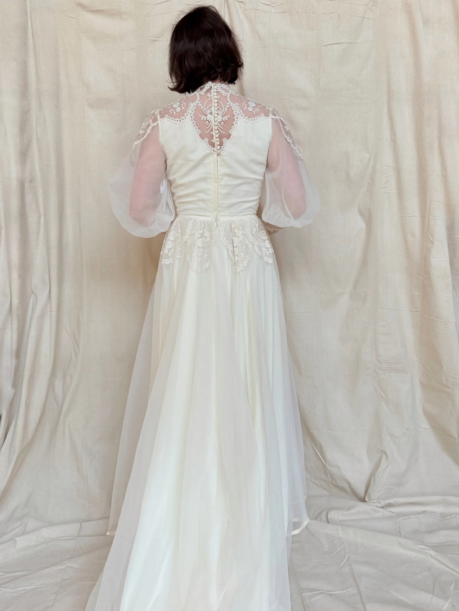 vintage 70s designer wedding dress with train and bishop sleeves Inherited vintage 70s designer wedding dress with train and bishop sleeves Inherited