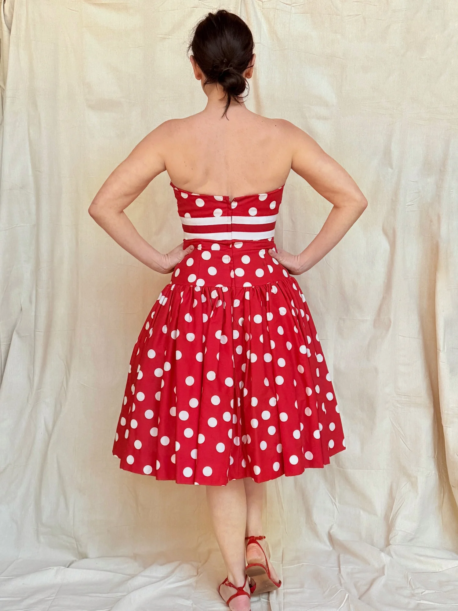 Victor Costa red cotton polka dot party dress  Inherited