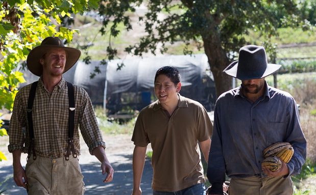 Anthony Chang (center) of Kitchen Table Advisors with New Family Farm's Ryan and his partner Adam Davidoff
