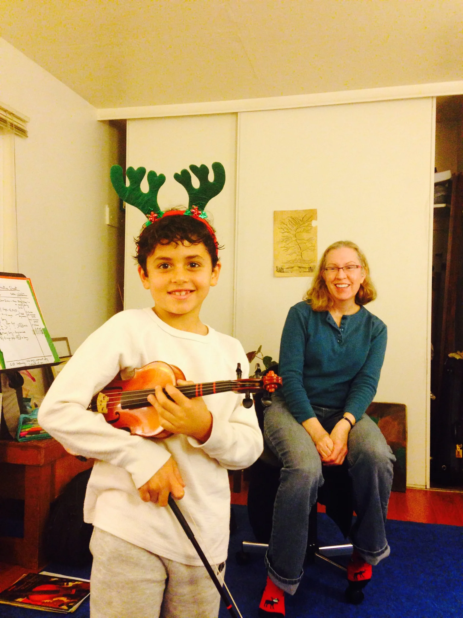 Finally, a photo of one of my seasonal festive headbands. All holidays! My student decided he wanted to borrow this one for his lesson!!