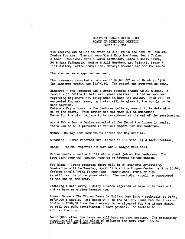 GVS Board Meeting Minutes March 1984