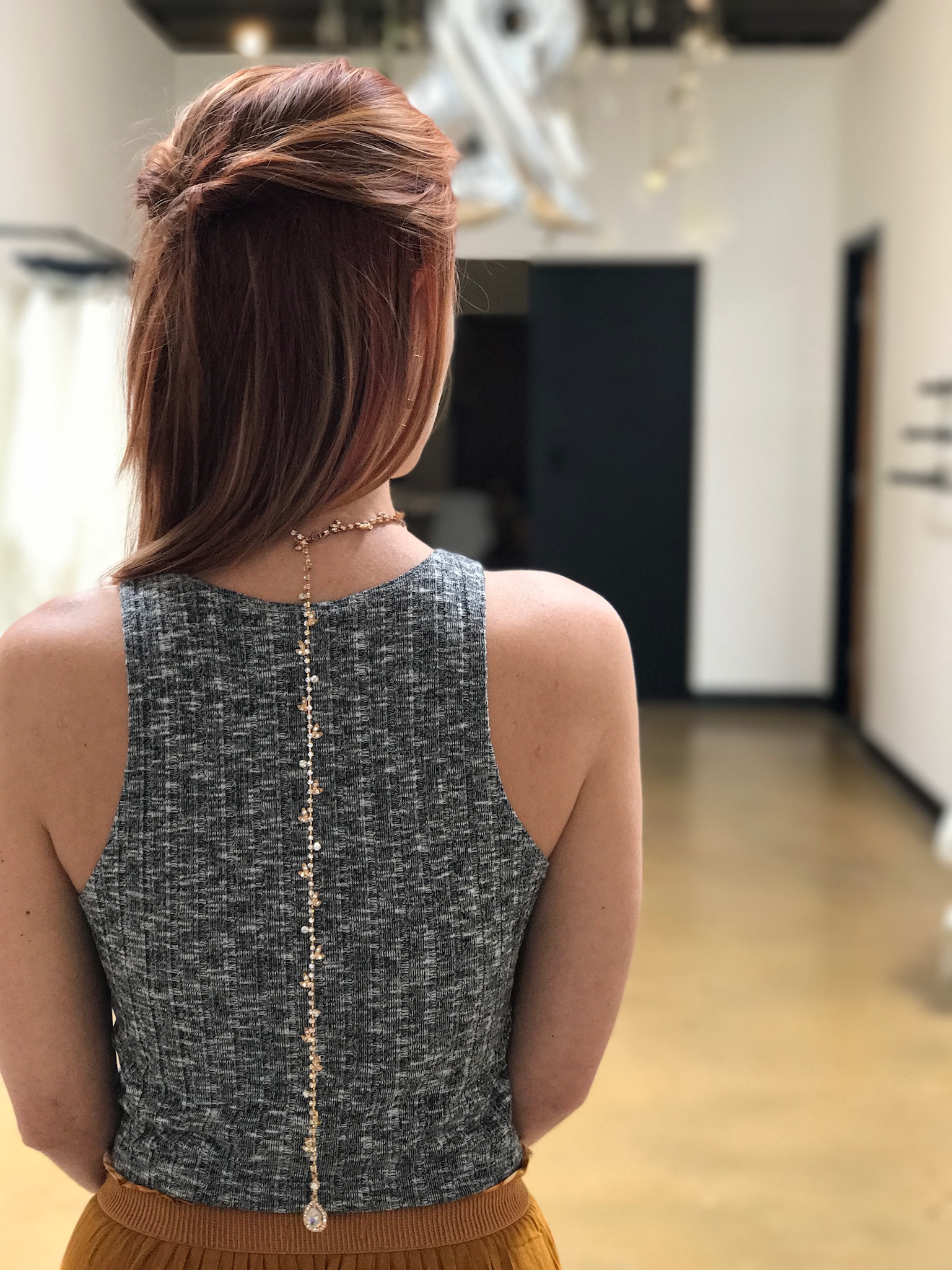 Necklace by Untamed Petals to perfect a low back bridesmaid look