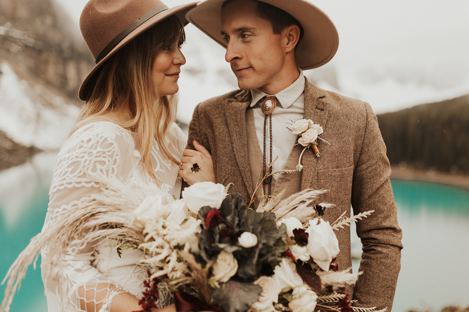 Banff Elopement l Lake Moraine Elopement l Vintage Bolo Tie l Pampas Grass Boho Boquet l Rue Design Wedding Dress l Banff Wedding Photographer l Destination Wedding Photographer l Katy Rose Photo_-8.jpg