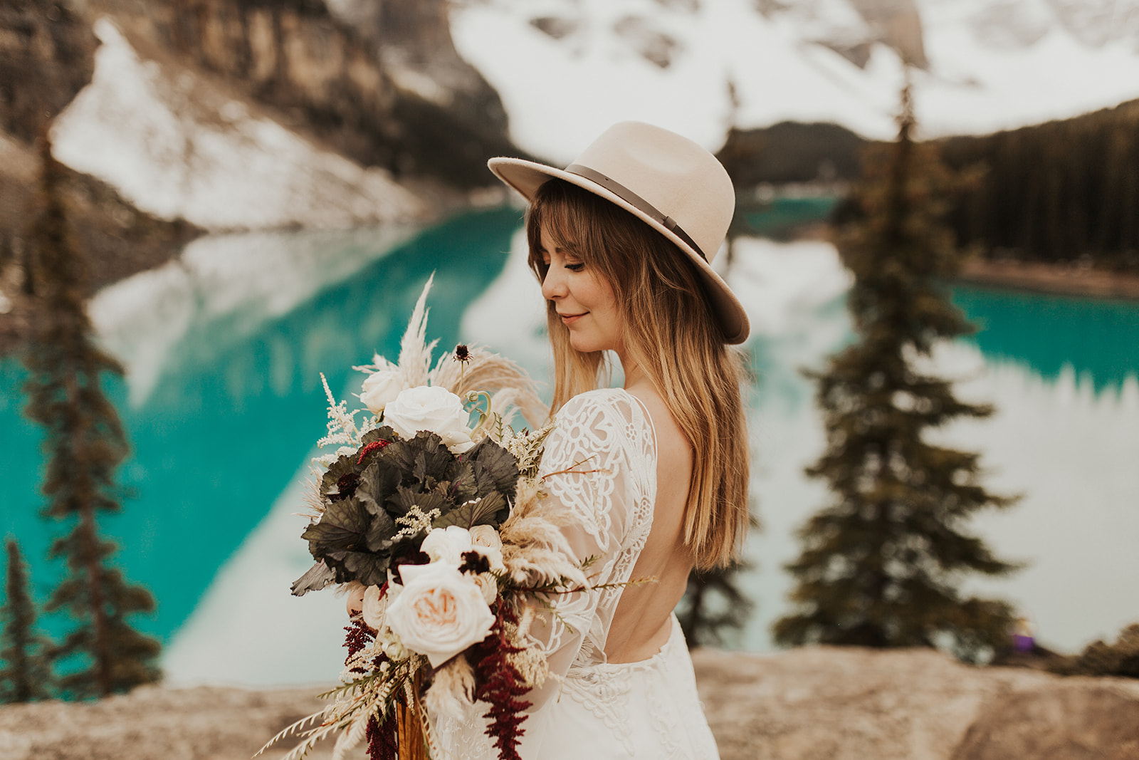 Banff Elopement l Lake Moraine Elopement l Vintage Bolo Tie l Pampas Grass Boho Boquet l Rue Design Wedding Dress l Banff Wedding Photographer l Destination Wedding Photographer l Katy Rose Photo_-24.jpg