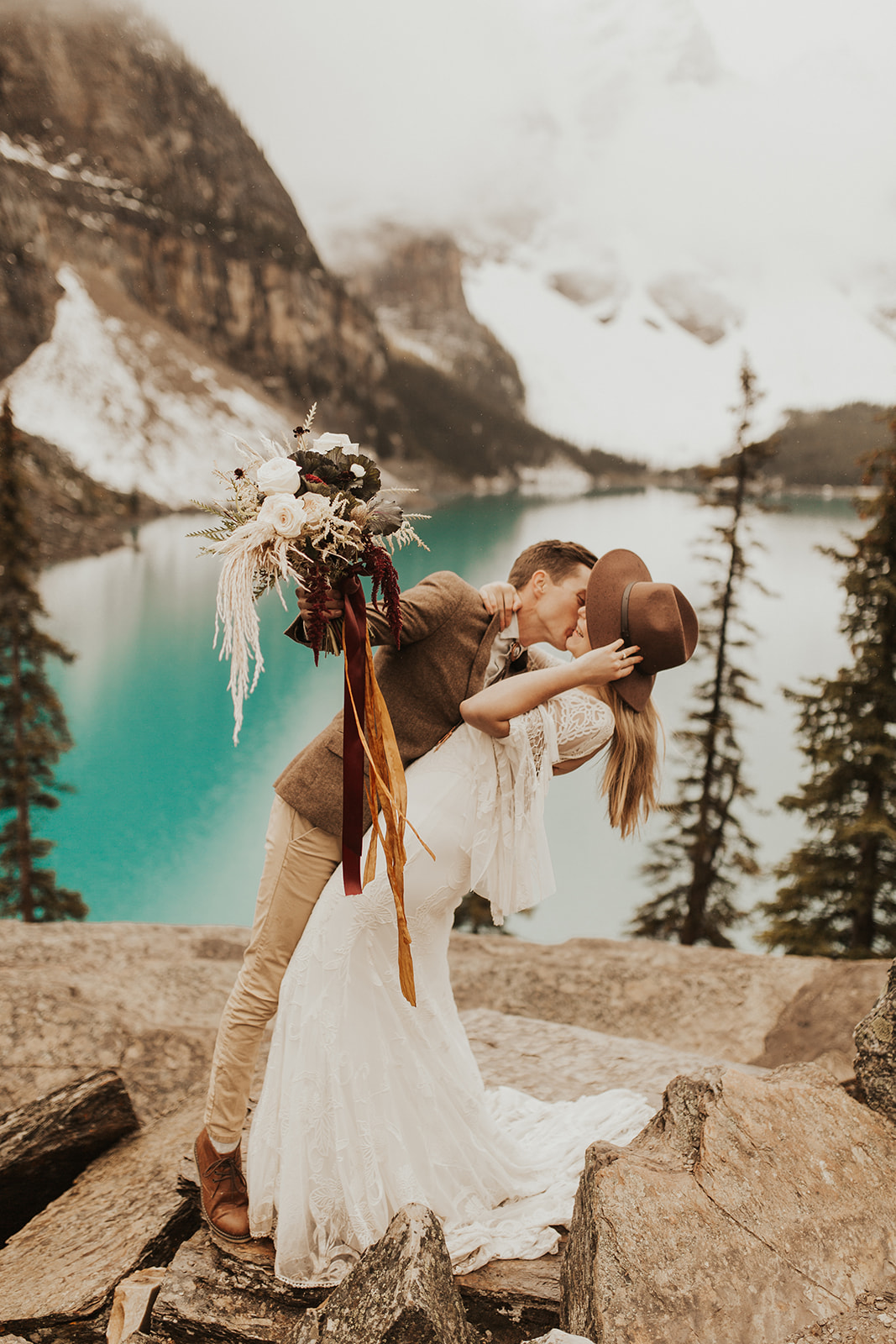 Banff Elopement l Lake Moraine Elopement l Vintage Bolo Tie l Pampas Grass Boho Boquet l Rue Design Wedding Dress l Banff Wedding Photographer l Destination Wedding Photographer l Katy Rose Photo_-129.jpg