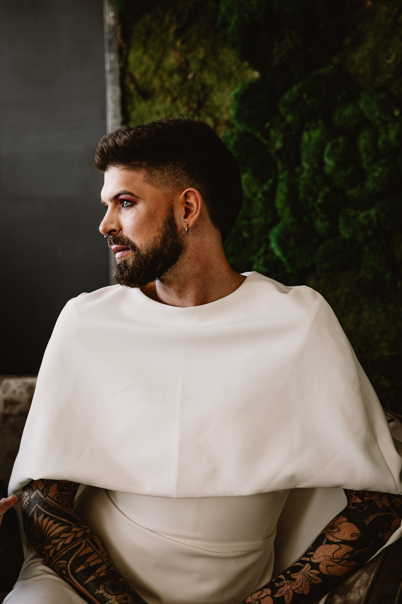  Lush + Leather intimate LGBTQIA+ styled shoot at Denver Photo Collective in the gorgeous Vagabond Zoe wedding gown and Eos cape photographed by Storih Photography 