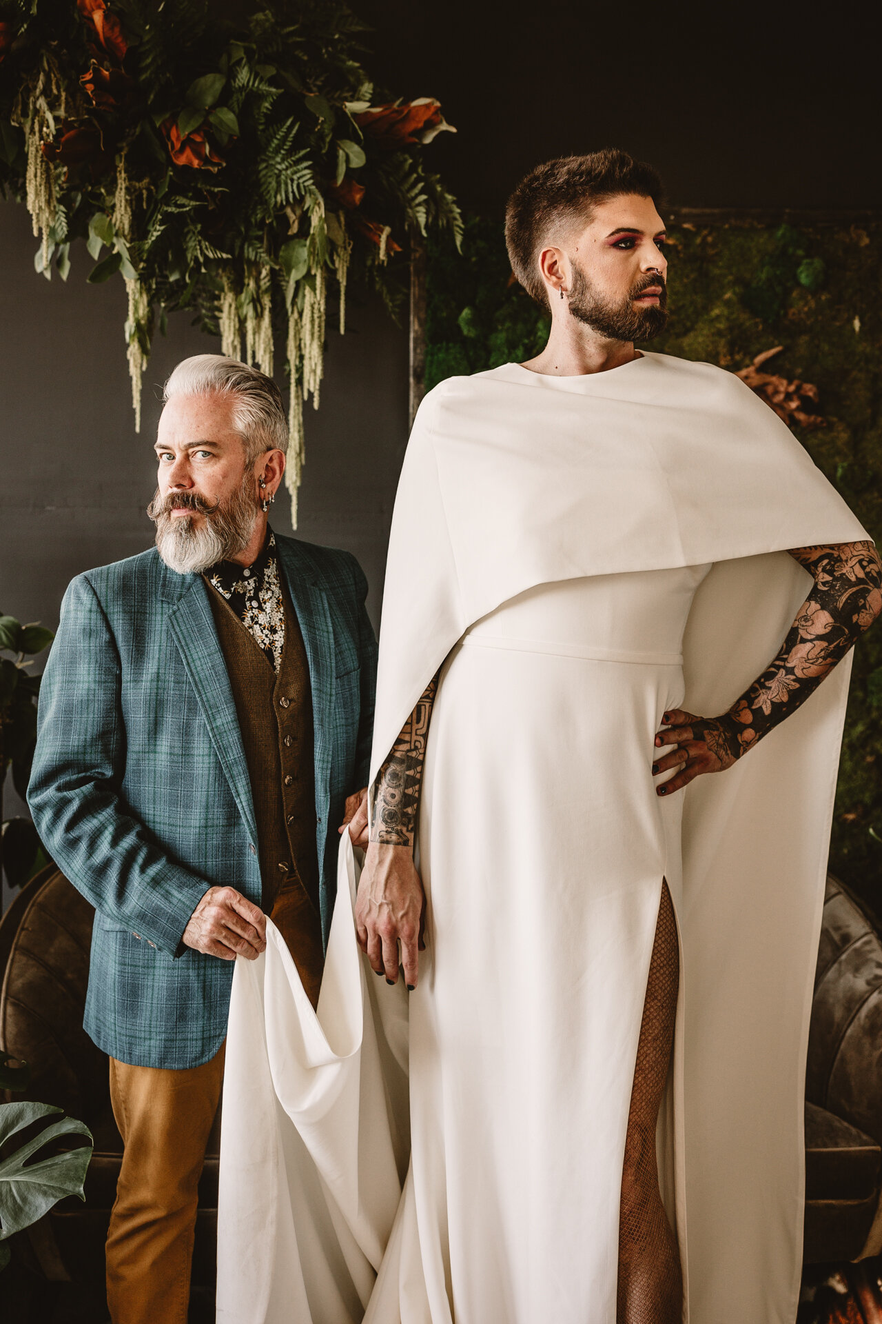  Lush + Leather intimate LGBTQIA+ styled shoot at Denver Photo Collective in the gorgeous Vagabond Zoe wedding gown and Eos cape photographed by Storih Photography 