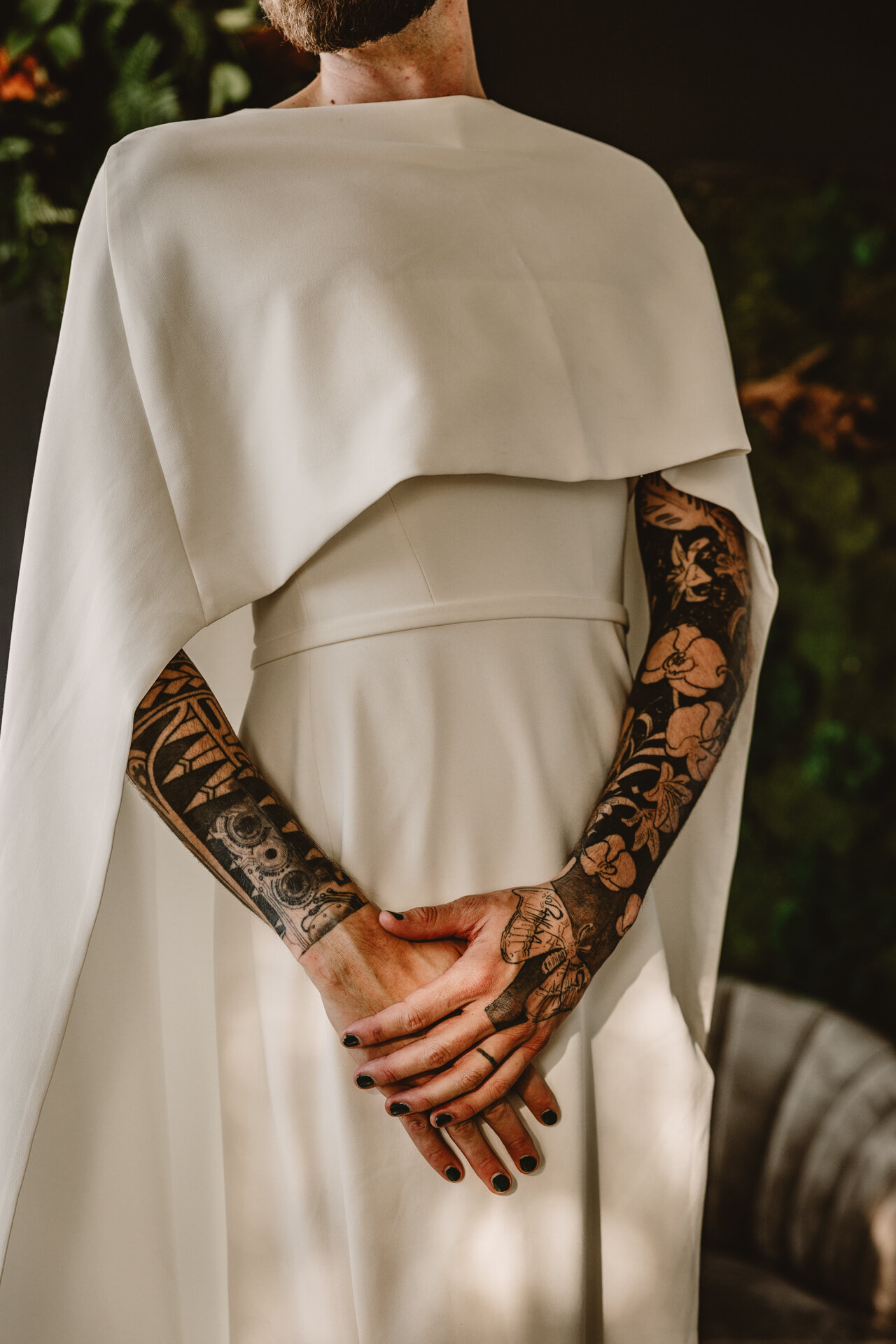  Lush + Leather intimate LGBTQIA+ styled shoot at Denver Photo Collective in the gorgeous Vagabond Zoe wedding gown and Eos cape photographed by Storih Photography 