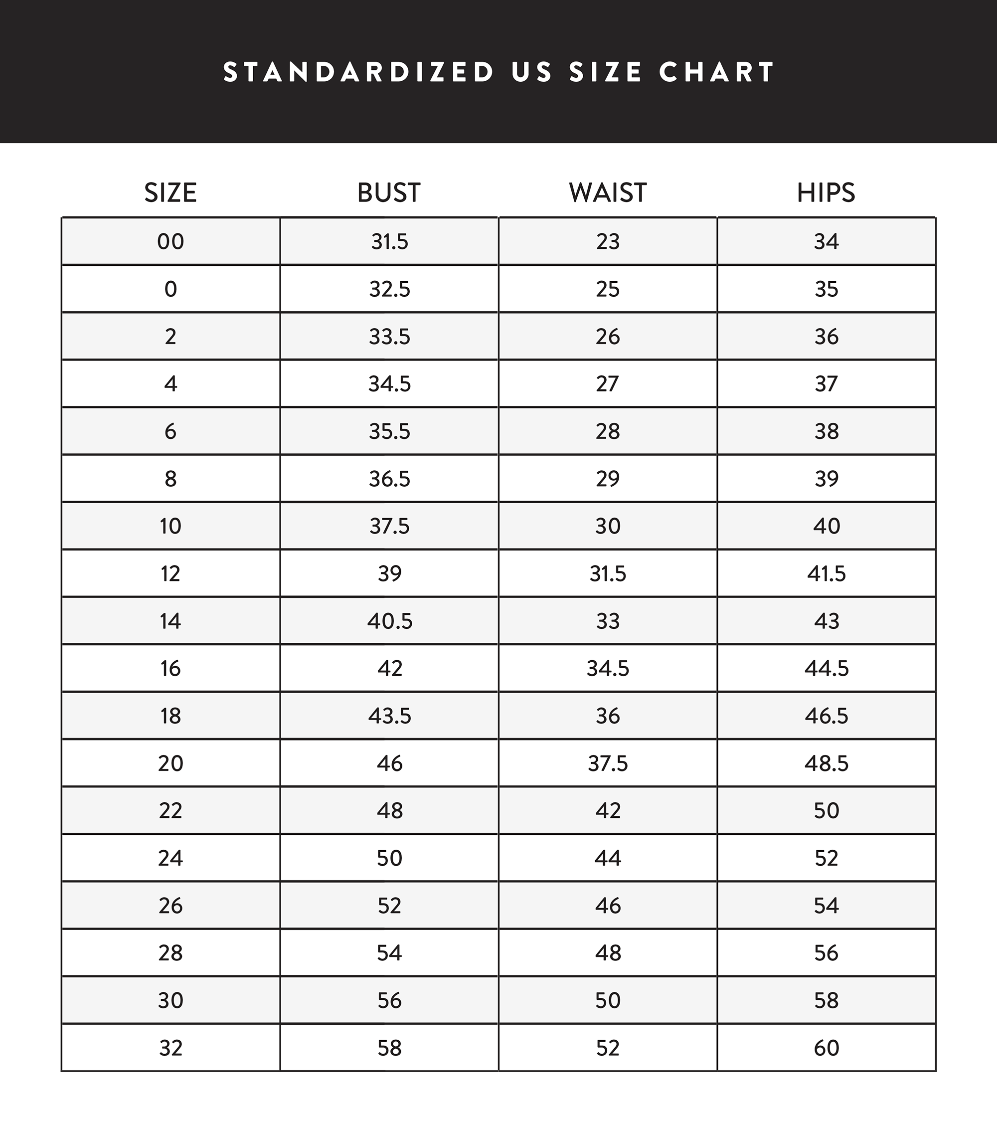standardized size chart｜a&bé bridal shop