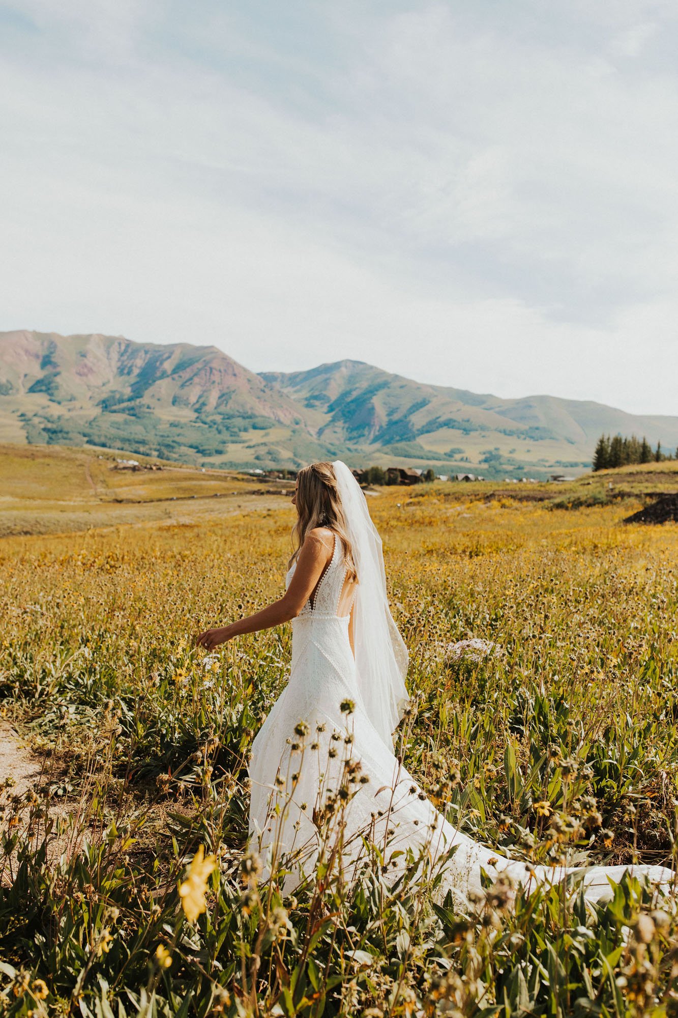  Photograph of a bride wearing Rish Rio wedding dress walking through a field of wildflowers on a sunny day in Crested Butte, Colorado. She has long blonde hair with soft curls and is wearing a Sara Gabriel wedding veil. The lace train of her wedding