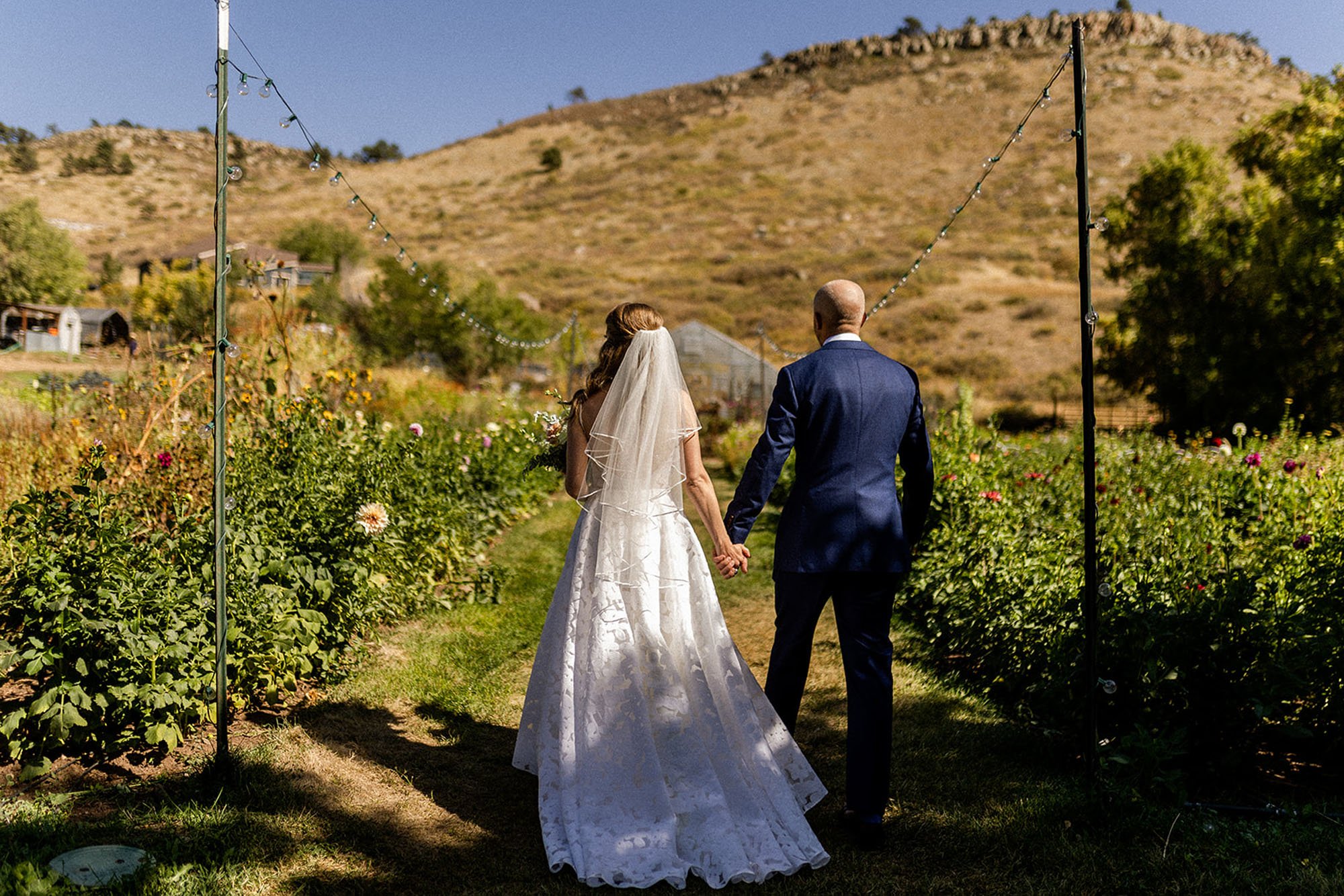  A bride wearing Truvelle Annie wedding dress and holding hands with the groom walking through a gorgeous garden on a Colorado farm in the mountains. 