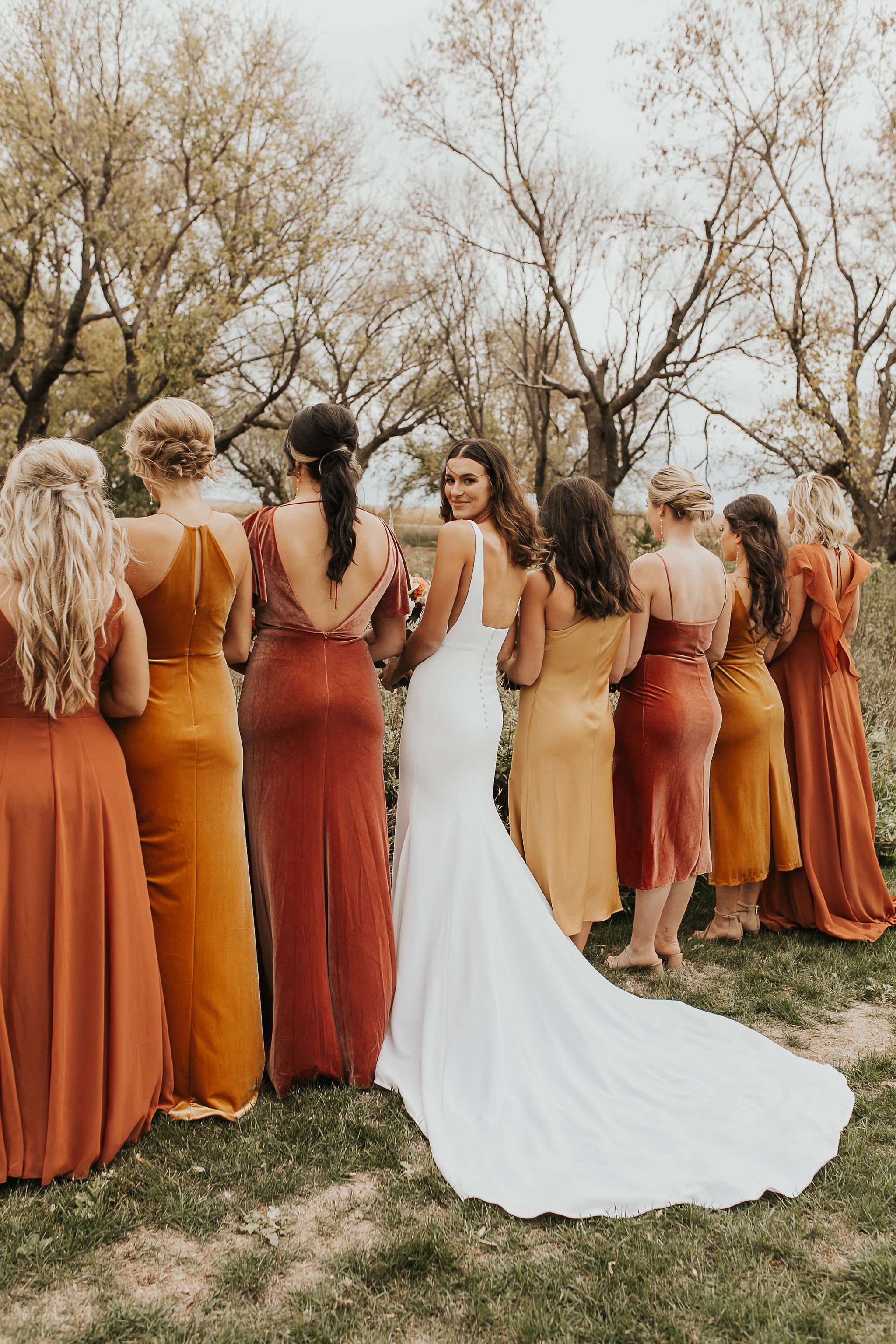 fall bridal inspiration with autumn colored bridesmaids dresses