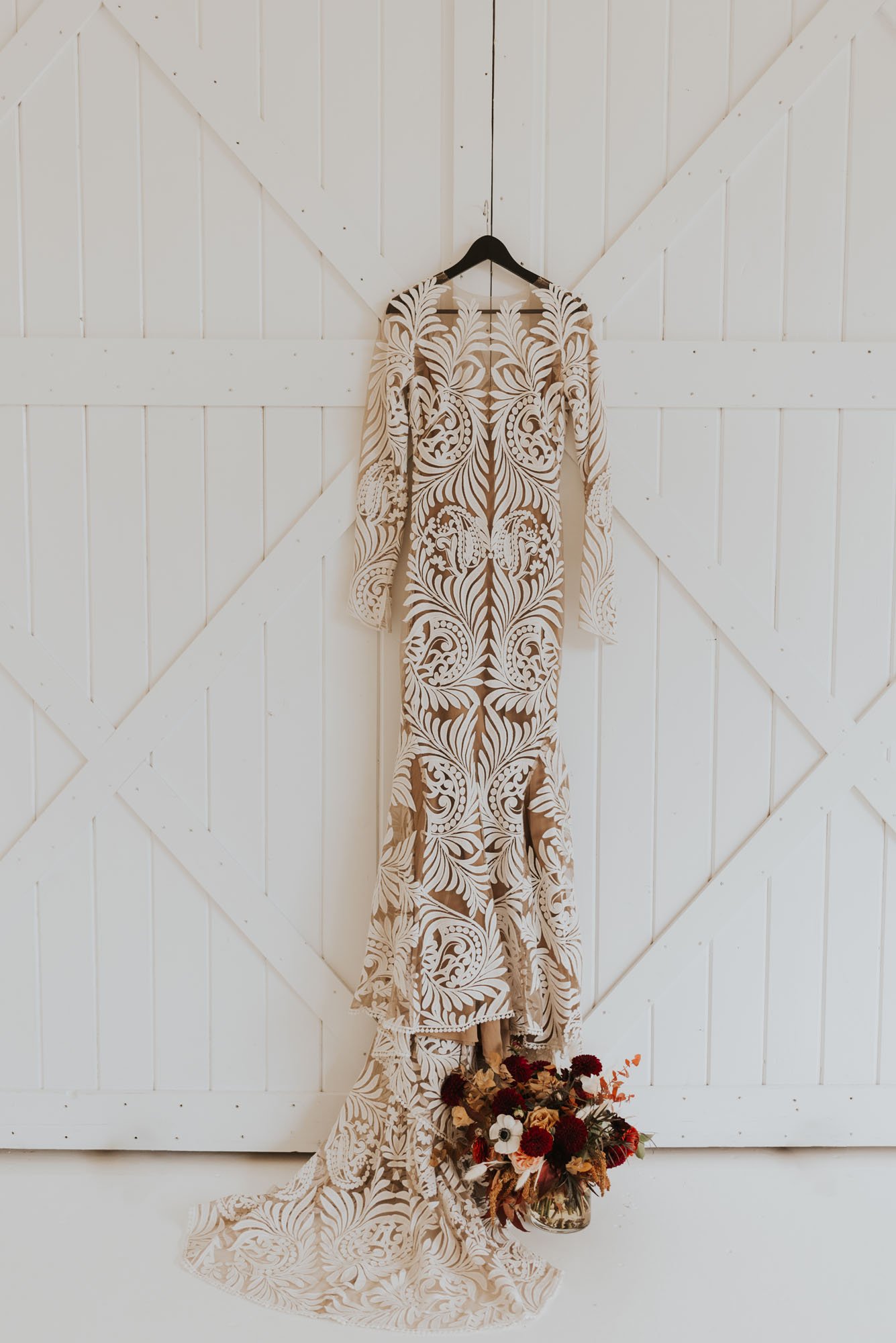 modern barn boho wedding inspiration featuring reno wedding dress by rue de seine