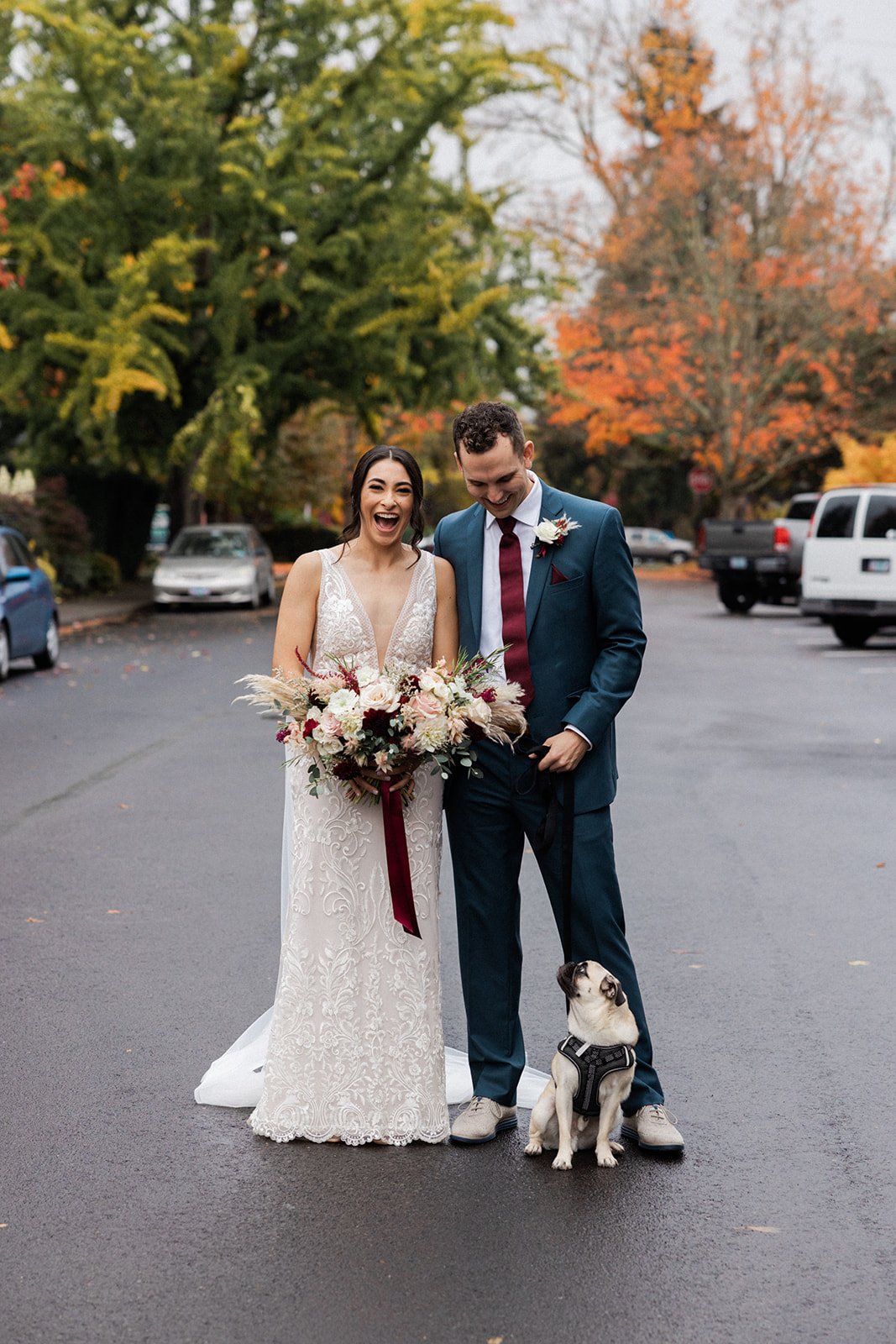 wedding portraits featuring a pug and made with love wedding dress in the autumn