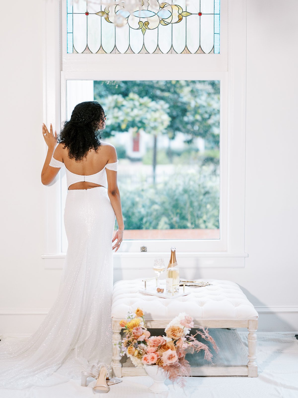 a unique and cool sparkly alena leena wedding dress in s chic styled wedding shoot in austin texas.