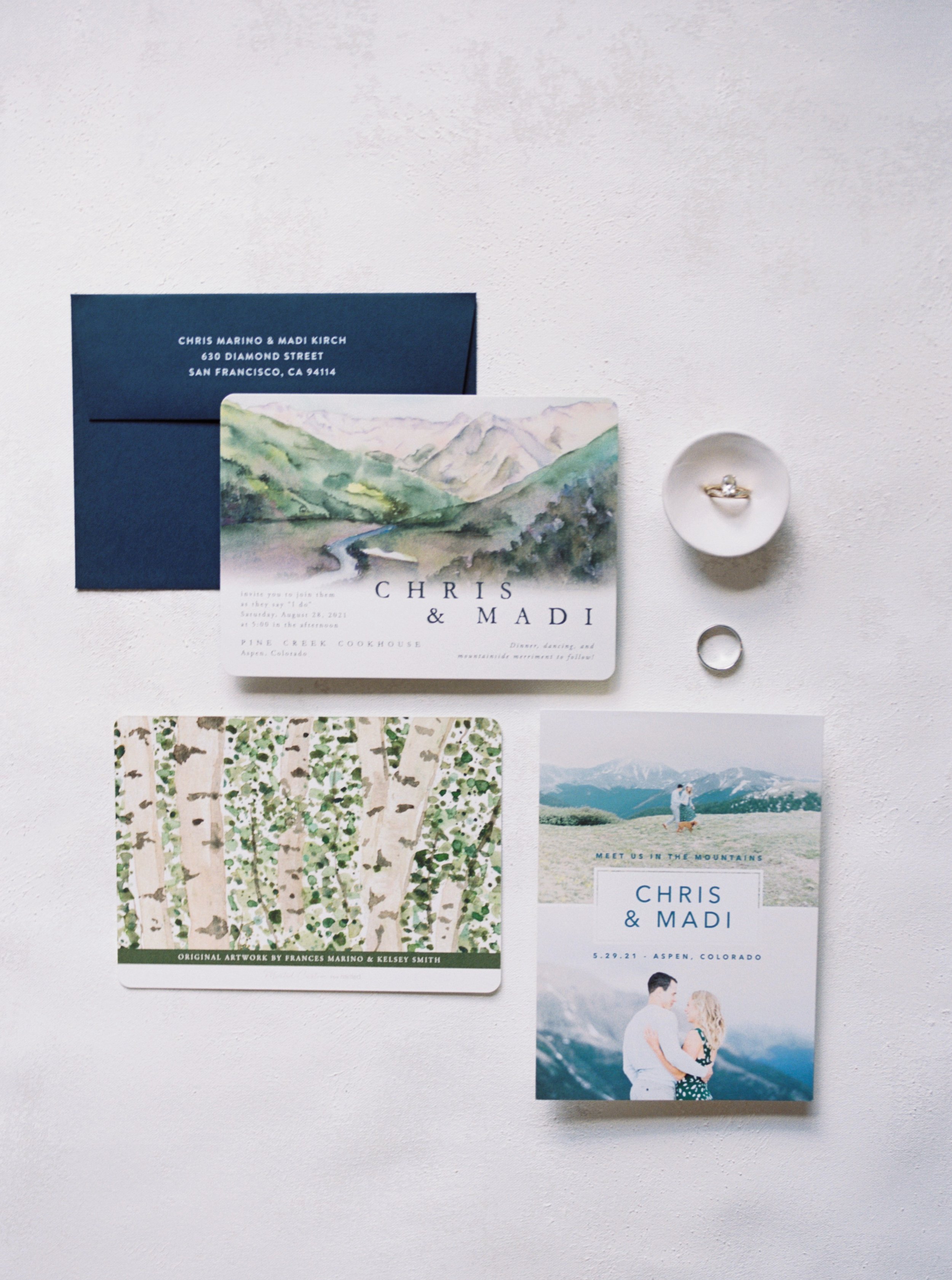 watercolor wedding invitations with a blue color vibe for a aspen, colorado wedding.