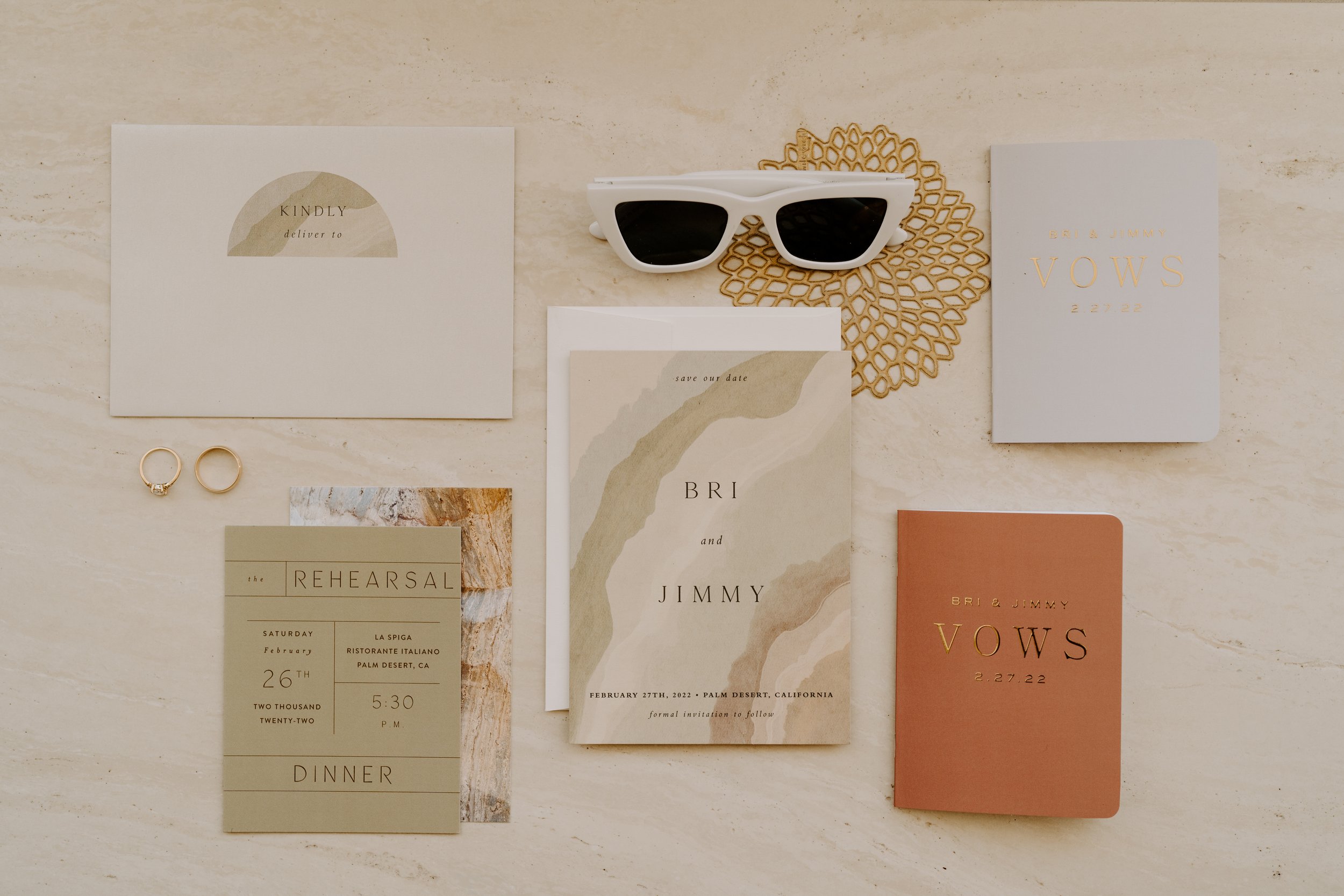 modern and cool desert color palette wedding invitations for this chic palm springs wedding