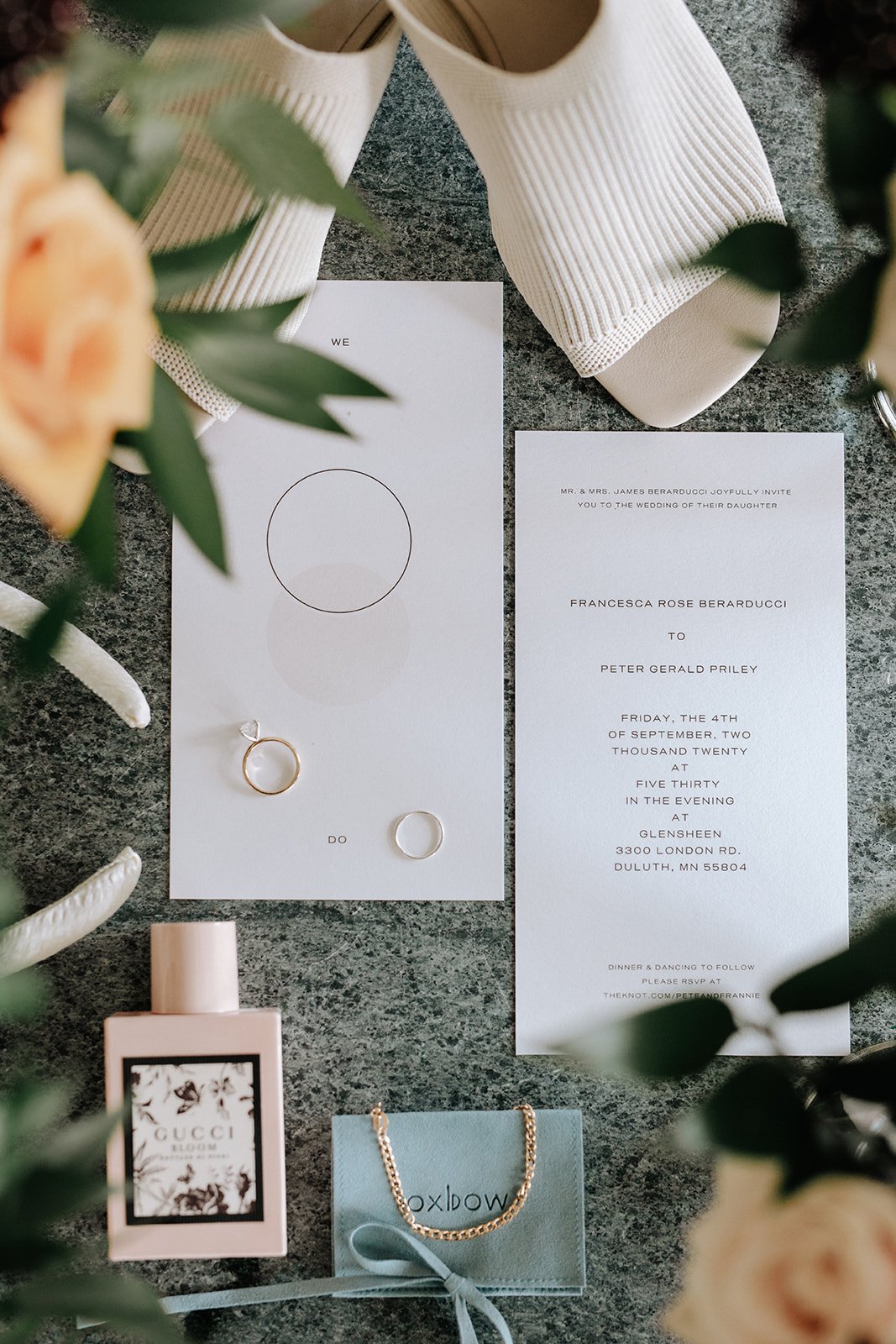 chic wedding details with a bridal headband and gucci perfume