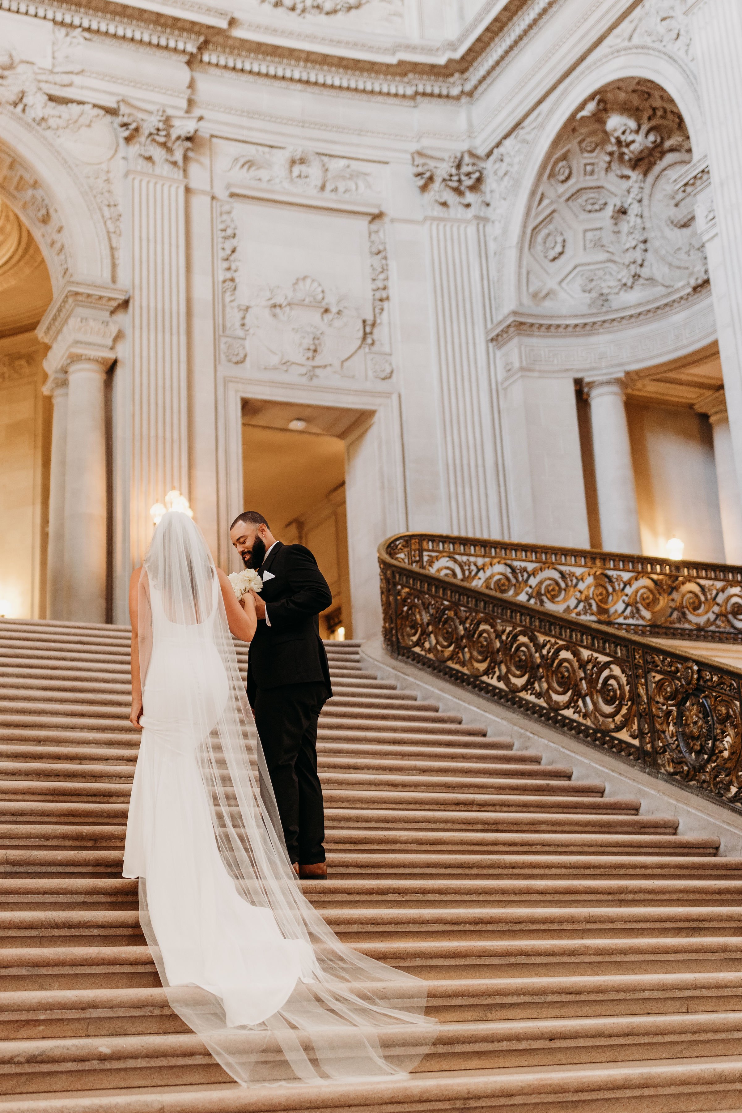 A Chic Bridal Jumpsuit for a City Hall Wedding in Black, White, and Gold -  Hey Wedding Lady