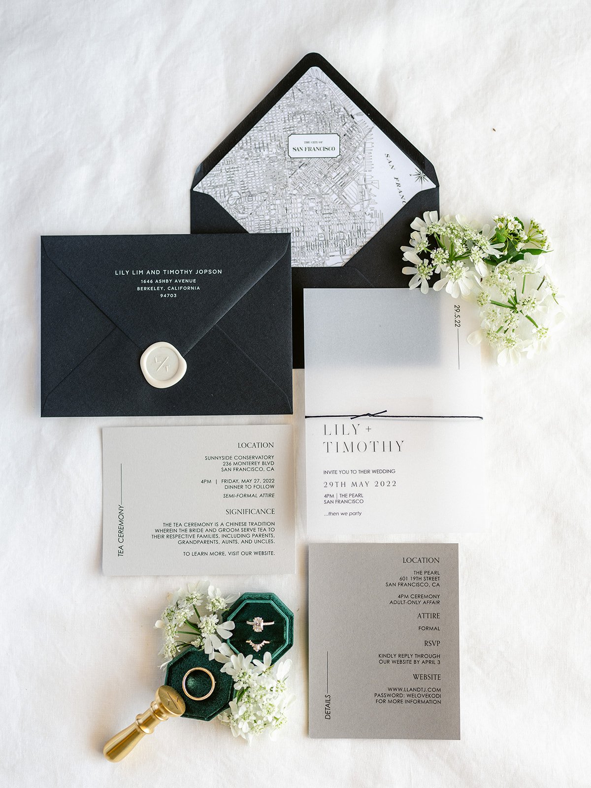 modern black and white wedding invitations in this San Francisco real wedding featuring a anais anette wedding dress from aandbe bridal shop