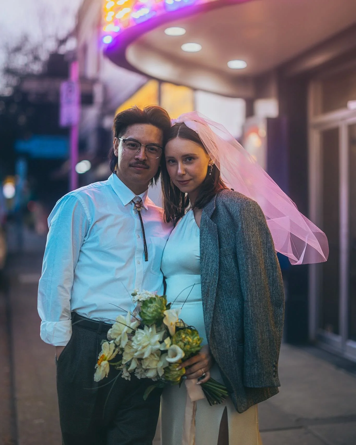 #aandbabe mariah &amp; diego in @jennyyoonyc. 🤍 

photo @chaunceyii
florals @kvetka_flower
venue @barcarlopdx @moviemadness_pdx 

dress @jennyyoonyc via @aandbe_shops portland 

real bride, real wedding, portland wedding, oregon bride, pnw wedding, 