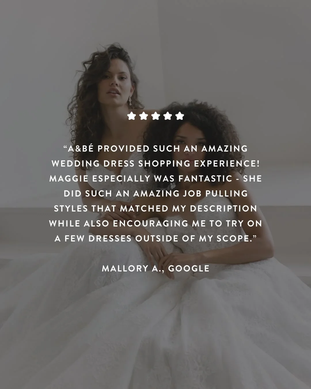 we say it all the time: here at a&amp;b&eacute; bridal shop, we offer the best in bridal. 🤍 that goes for our dresses, our stylists, and especially our positive in-shop vibes 🥂

we absolutely love receiving reviews from our brides. getting to read 