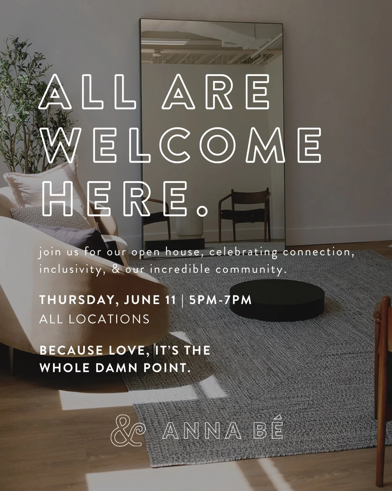 join us thursday, june 11 from 5&ndash;7pm at anna b&eacute; bridal boutique &amp; all a&amp;b&eacute; &amp; a&amp;b&eacute; x anna b&eacute; locations for an open house celebrating community, inclusivity, &amp; every kind of love. mingle with local 