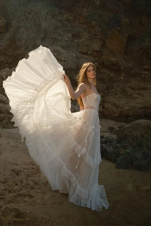 wedding dresses denver Gown | Beaded Long Sleeve Dress while a sweeping train adds dramatic flair to the back of this two Love by Enzoani | Saint