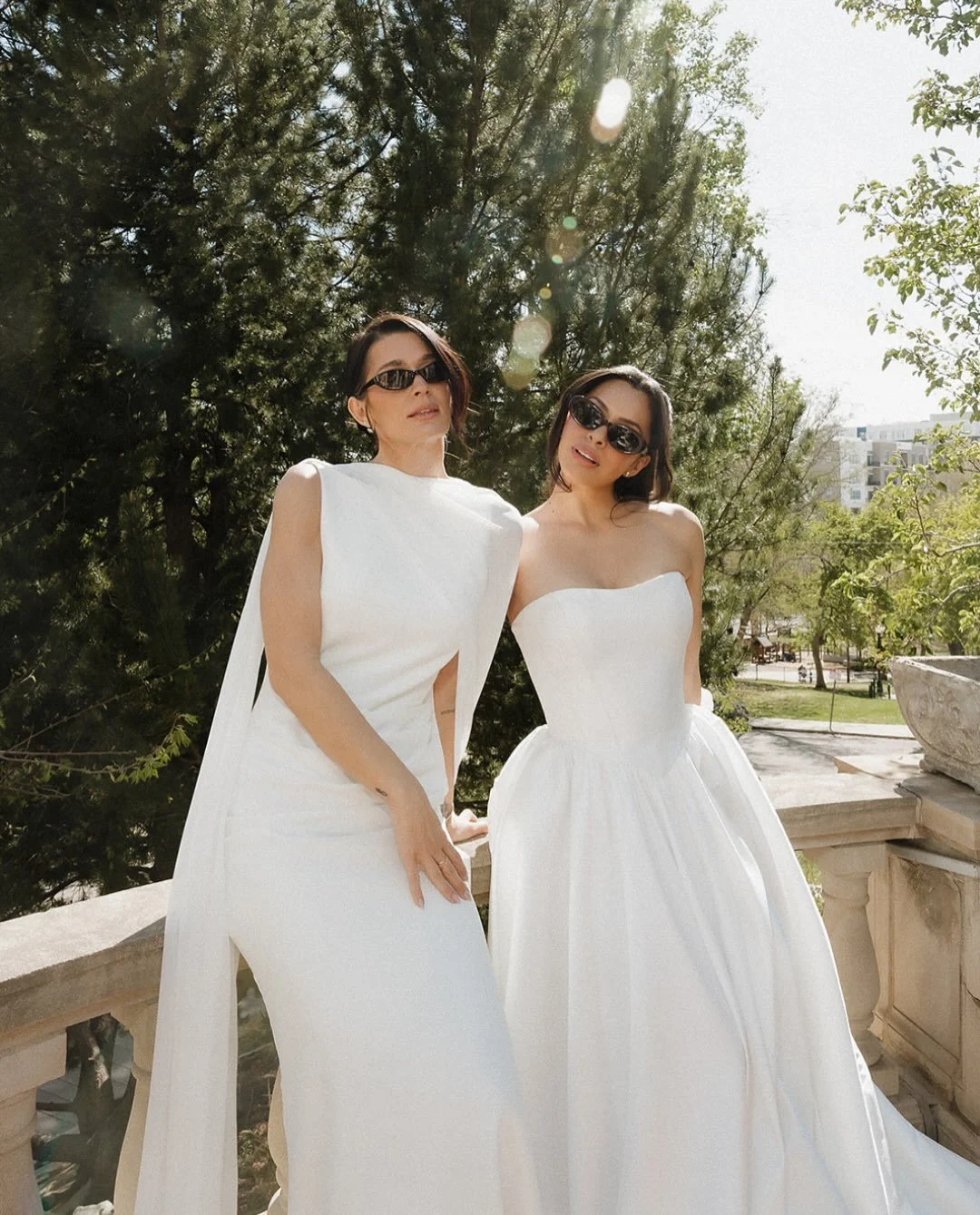 this moody &amp; chic styled shoot is living rent free in our heads 🥂💌

dresses | mirabel by @seraphine_bridal &amp; gates by @mwlbride via a&amp;b&eacute; #denver 
veil | @watters via a&amp;b&eacute; denver
gloves | @saintbridal via a&amp;b&eacute