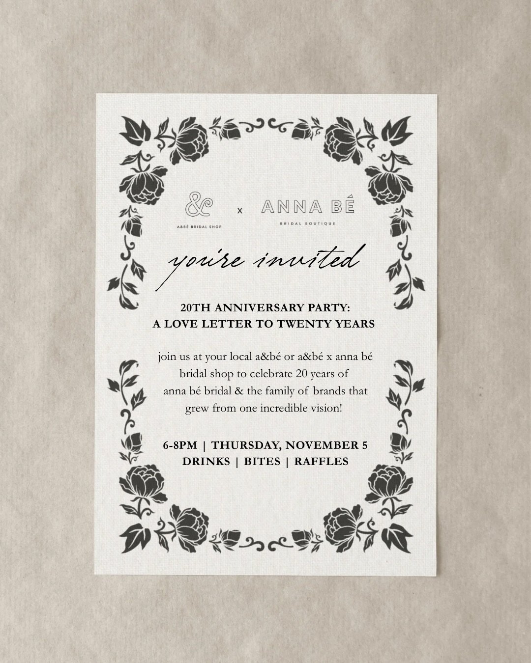 you&rsquo;re invited! 🥂

join us at your local a&amp;b&eacute; x anna b&eacute; bridal shop on thursday, november 5, from 6&ndash;8pm to celebrate 20 years of anna b&eacute; bridal &amp; the family of brands that grew from one incredible vision! enj