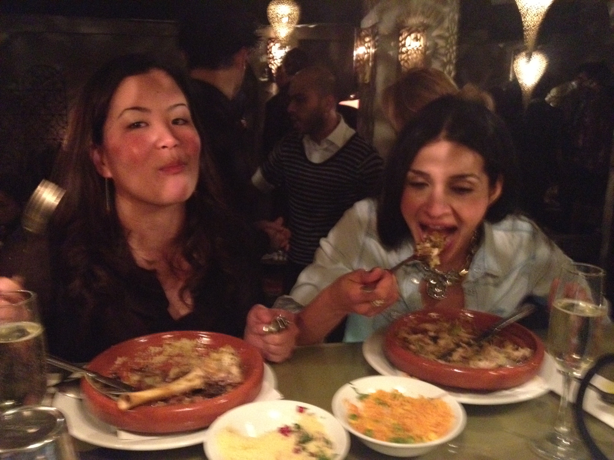 Clearly enjoying a hearty meal at the bar at Ayoush. 
