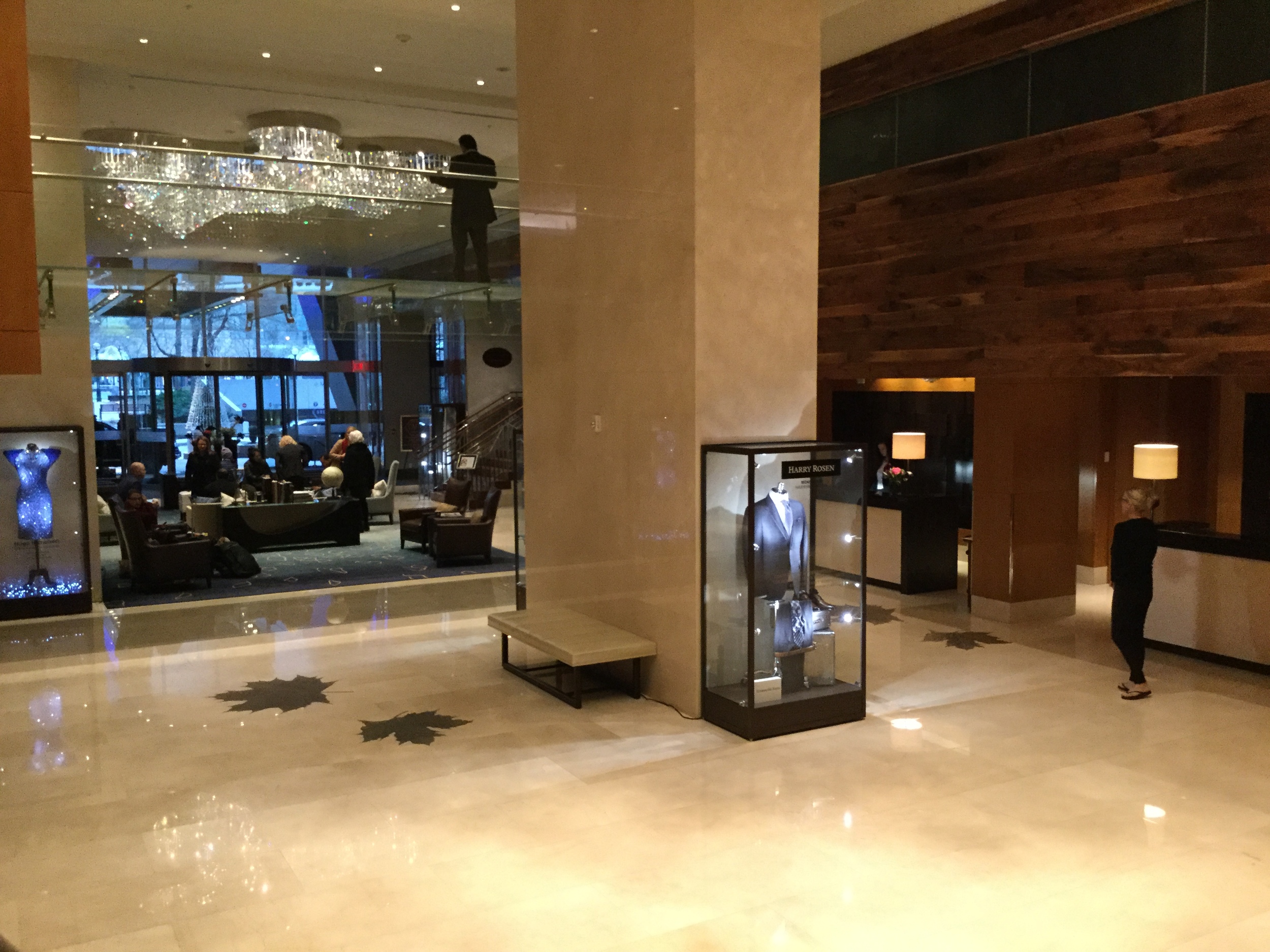 The eye-catching lobby of the Ritz-Carlton Toronto. The embedded bronze maple leafs are among the more than 450 pieces of original Canadian art scattered throughout.