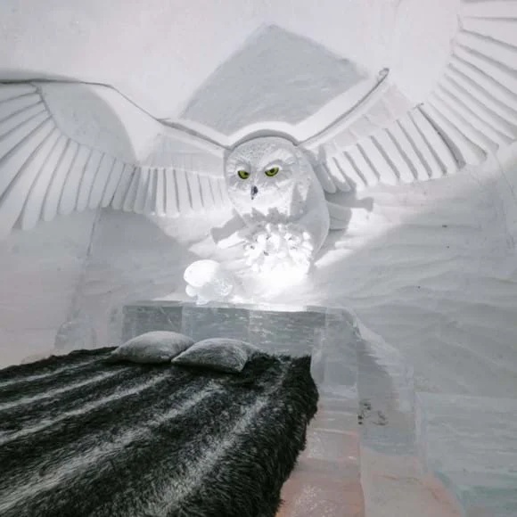 The only one of its kind in North America, the Hôtel de Glace (Ice Hotel) changes theme each winter to the delight of locals and tourists alike. Credit: ValCartier