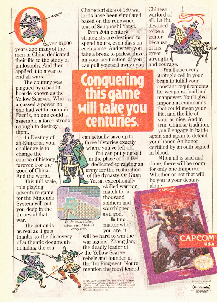 Capcom wrote out a full page advertisement for Destiny of an Emperor. As if this game wasn't hard enough to sell!