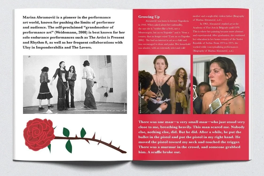 An introductory spread of Marina Abramovic and her beginnings.