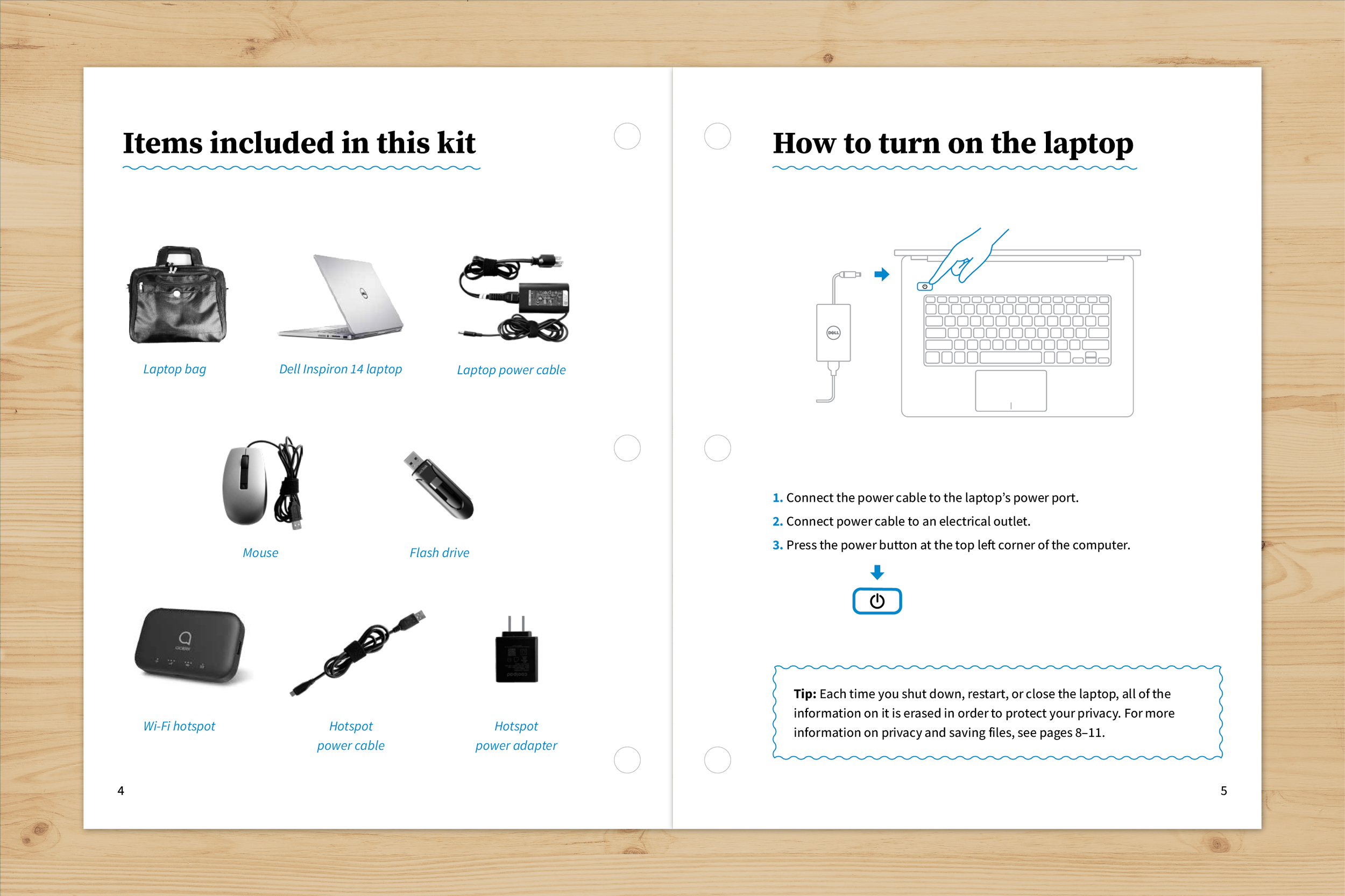 Two-page spread of an instructional guide with photographs of laptop accessories and a diagram of a laptop keyboard