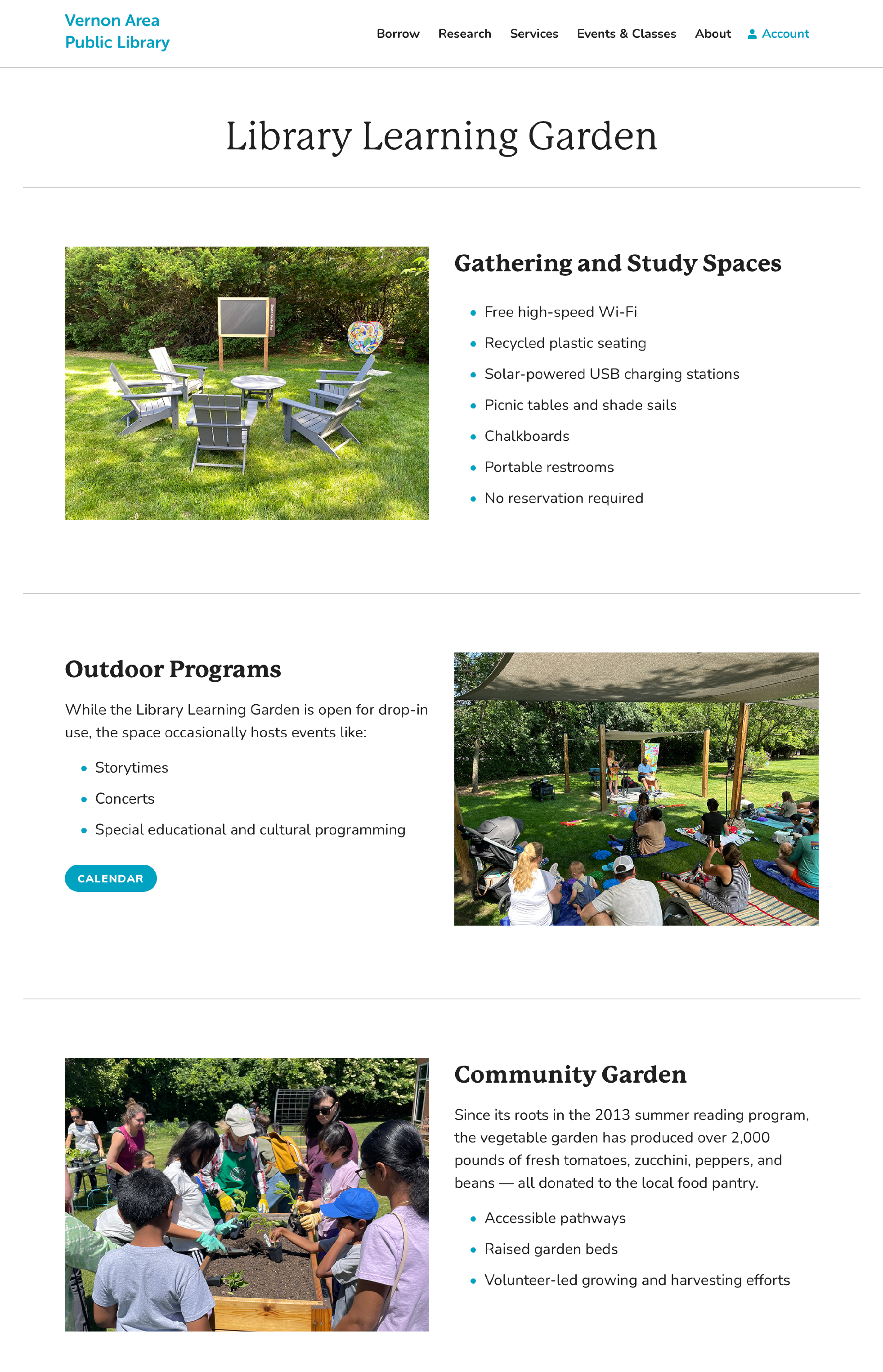 screenshot of a webpage containing information about the learning garden