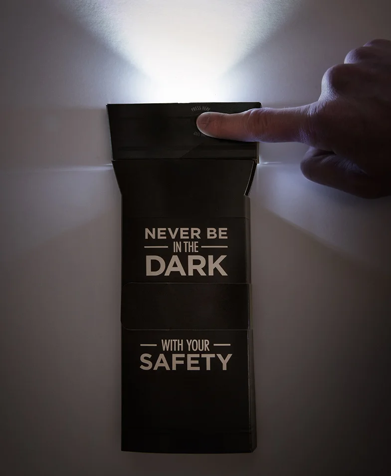 A circuit board and LED system within the package allows it to be used as a flashlight in an emergency.