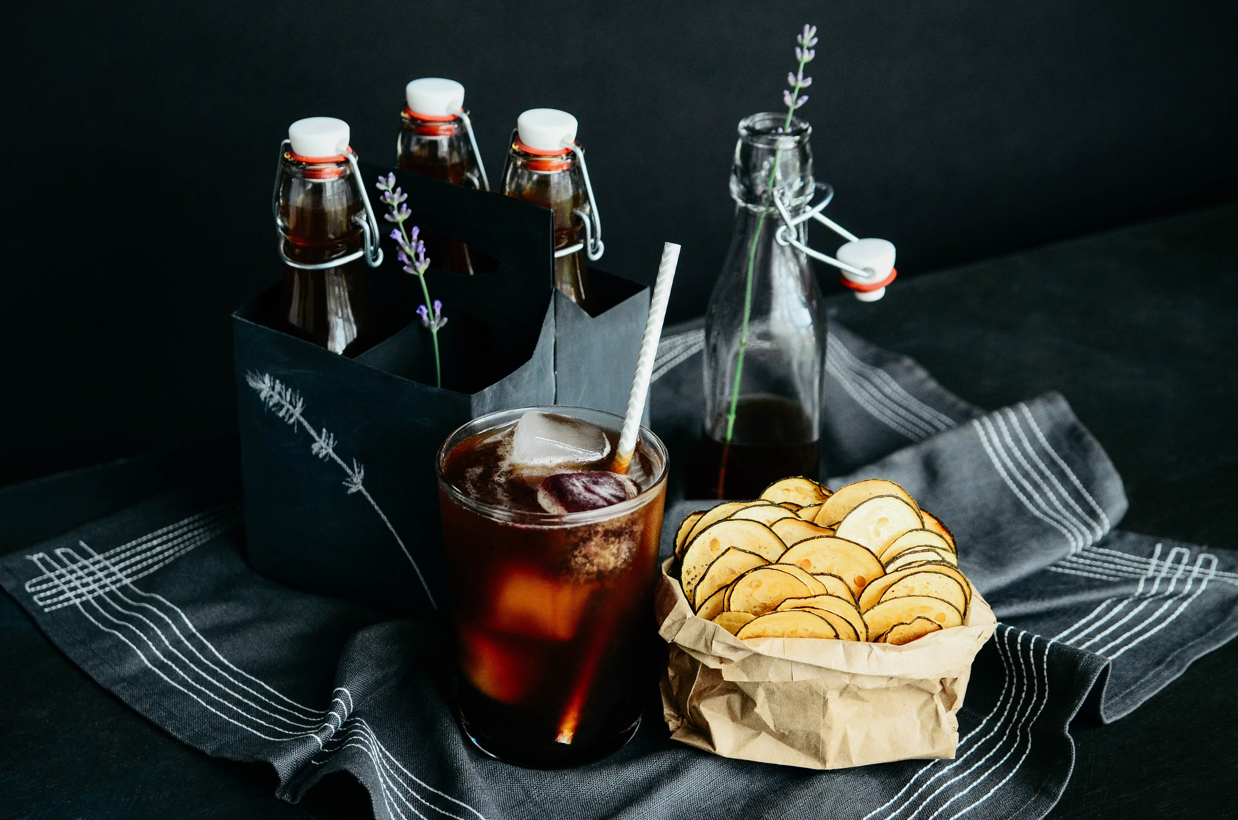 Homemade Herbal Spice Soda + Cherry Ice Squares served with Smoked Hickory Salt and Vinegar Dehydrated Zucchini Chips | Seed Plant Water Grow