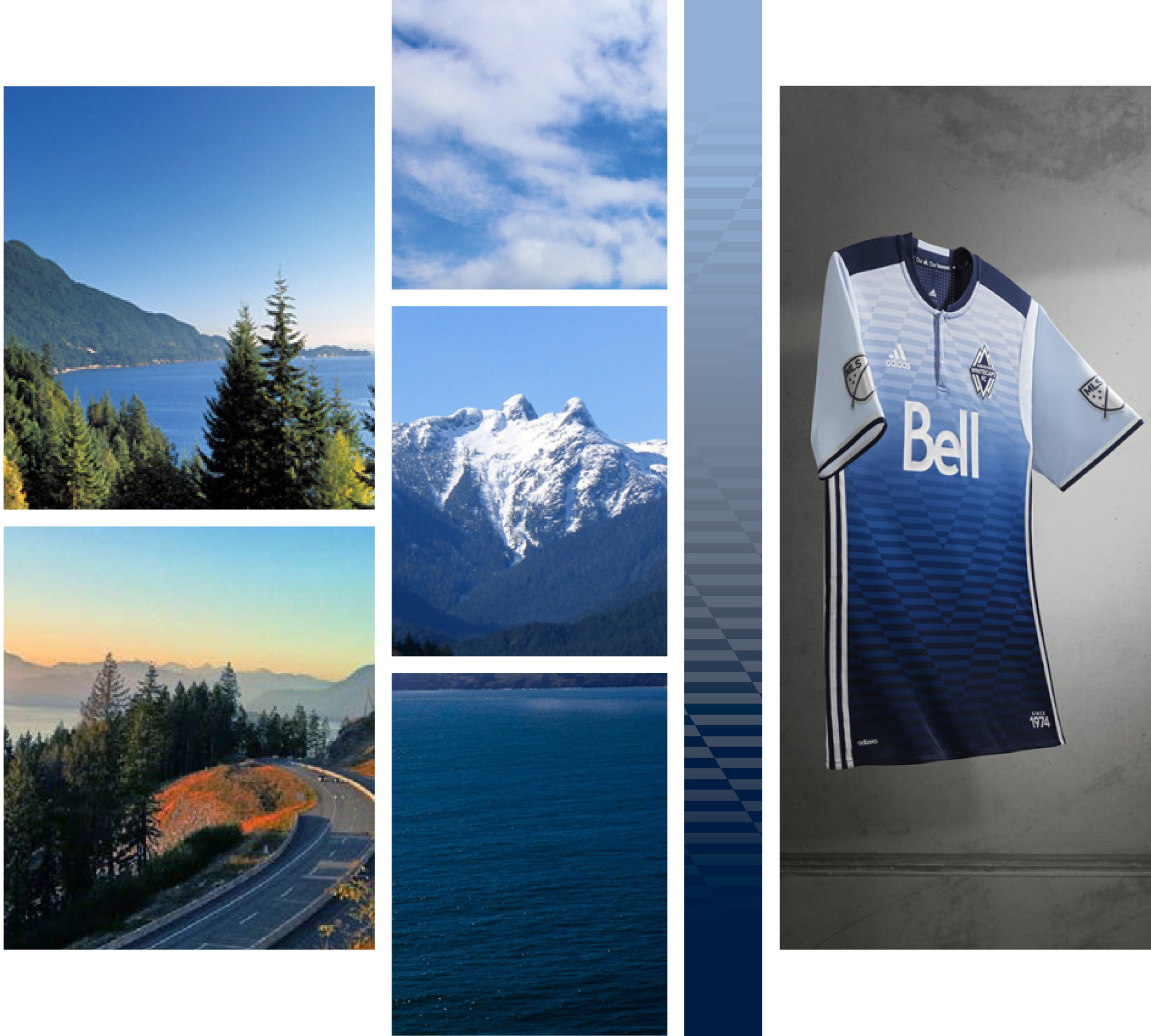 Beginning with the dark Pacific water, deep-sea blue ripples up the kit, creating a brilliant blend of new blues before eventually transforming into sky blue, replicating the city’s Sea to Sky horizon. The geography of Vancouver was the inspiration