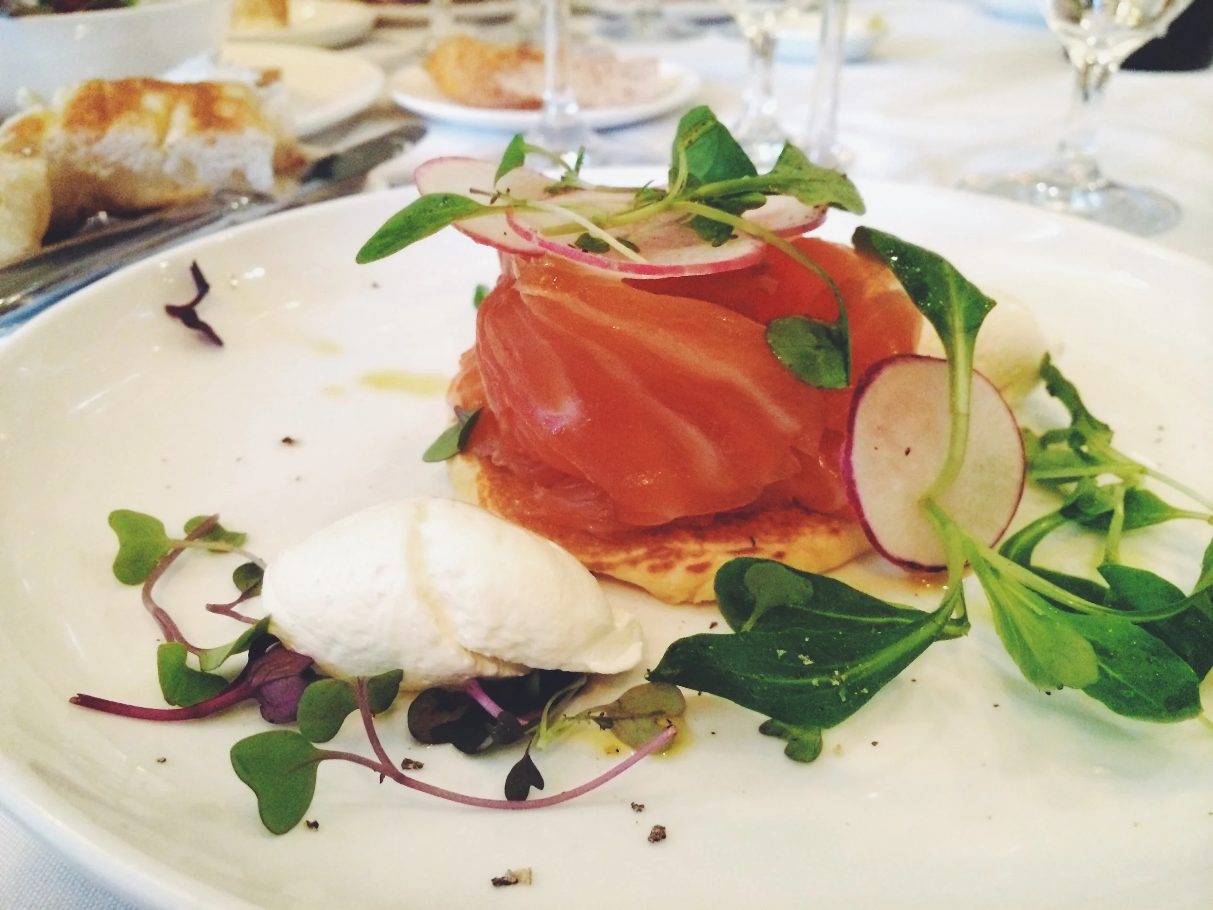  House smoked organic Scottish salmon with a corn blini, assorted radishes and horseradish mousse 